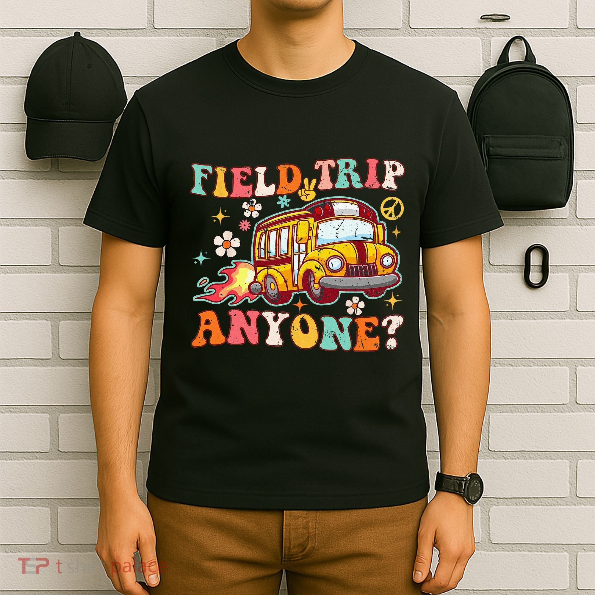 Field Trip Anyone Groovy School Bus Driver Yellow Bus T-Shirt