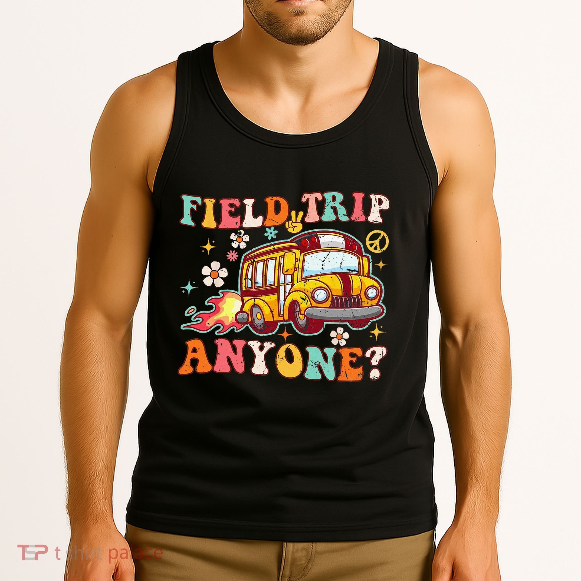 Field Trip Anyone Groovy School Bus Driver Yellow Bus Tank Top