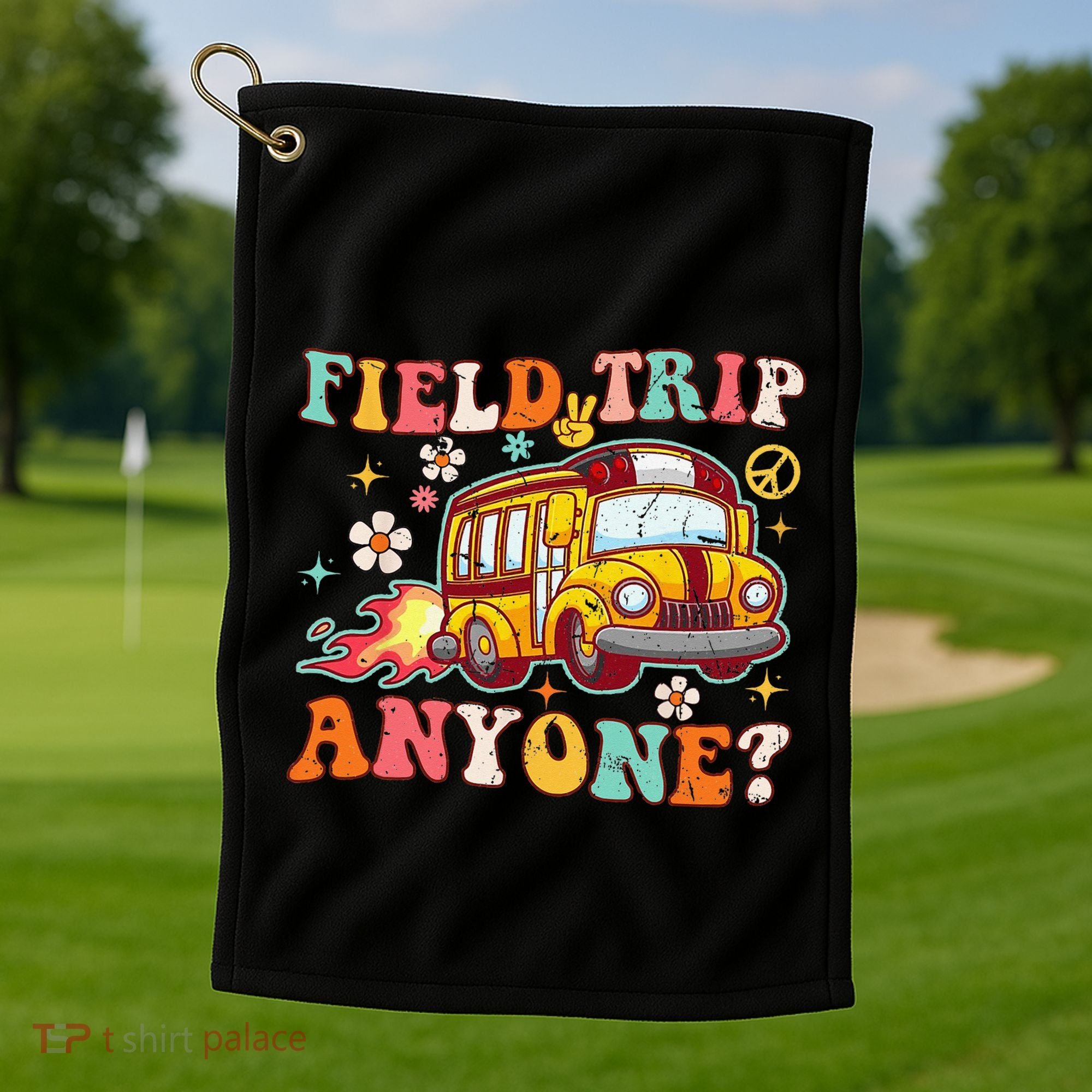 Field Trip Anyone Groovy School Bus Driver Yellow Bus Golf Towel
