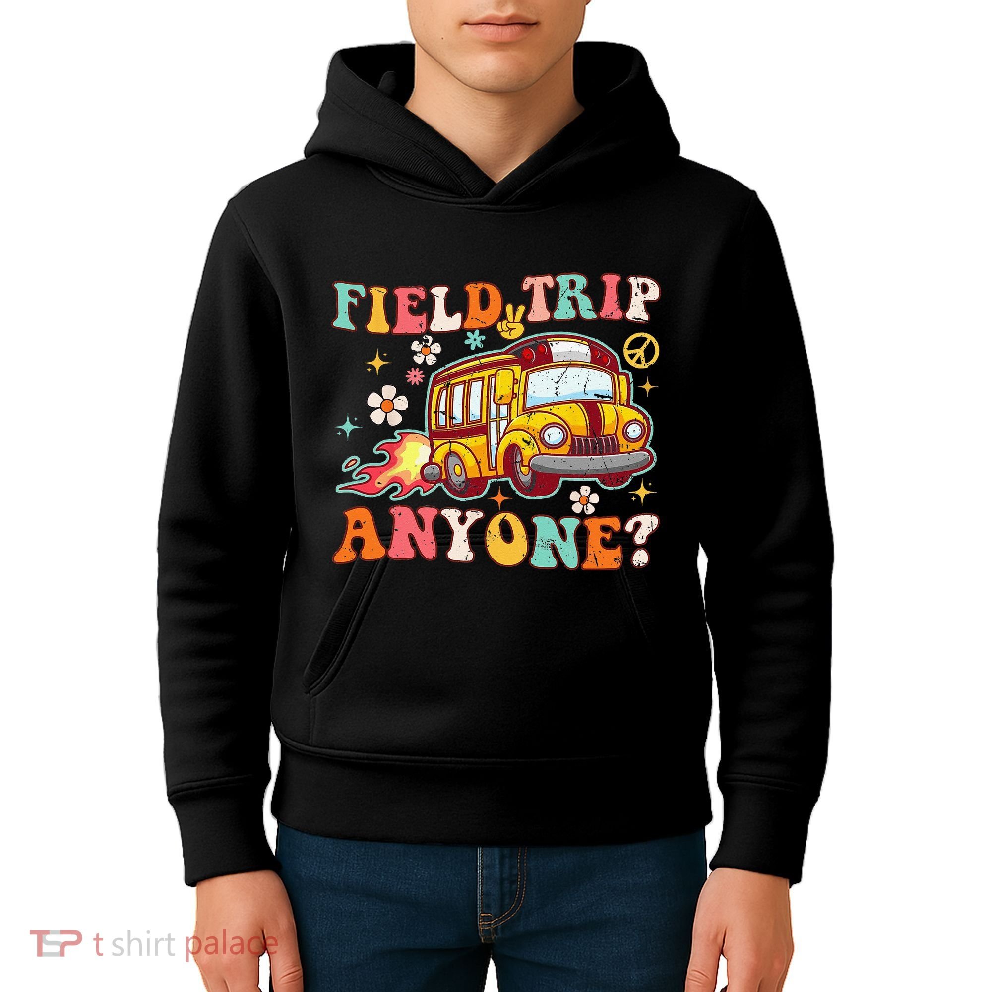 Field Trip Anyone Groovy School Bus Driver Yellow Bus Kids Hoodie