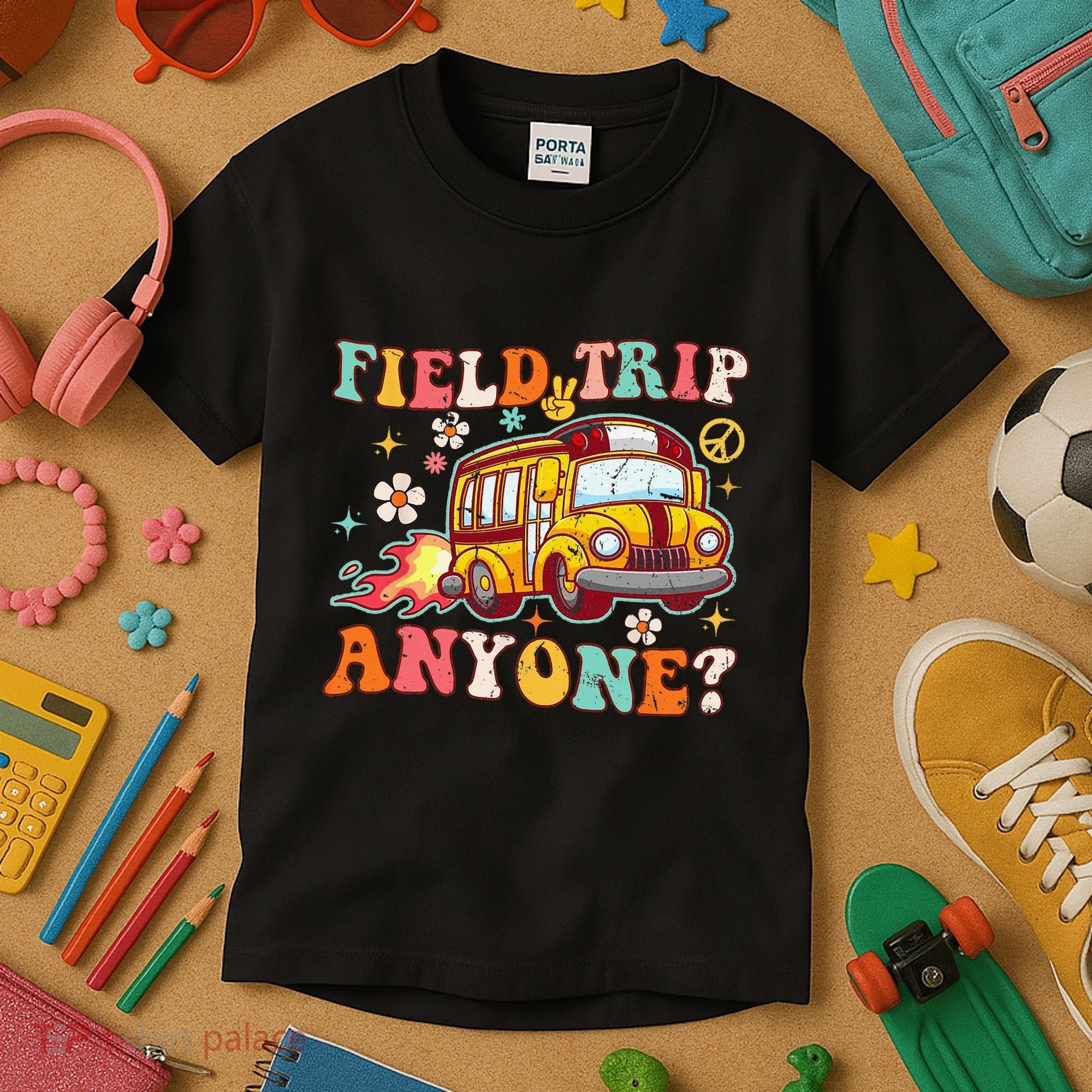 Field Trip Anyone Groovy School Bus Driver Yellow Bus Kids T-Shirt
