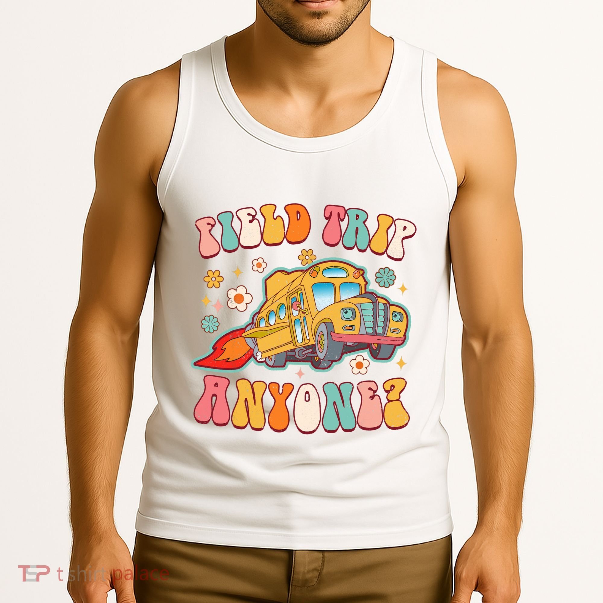 Field Trip Anyone Groovy School Bus Driver Yellow Bus Tank Top
