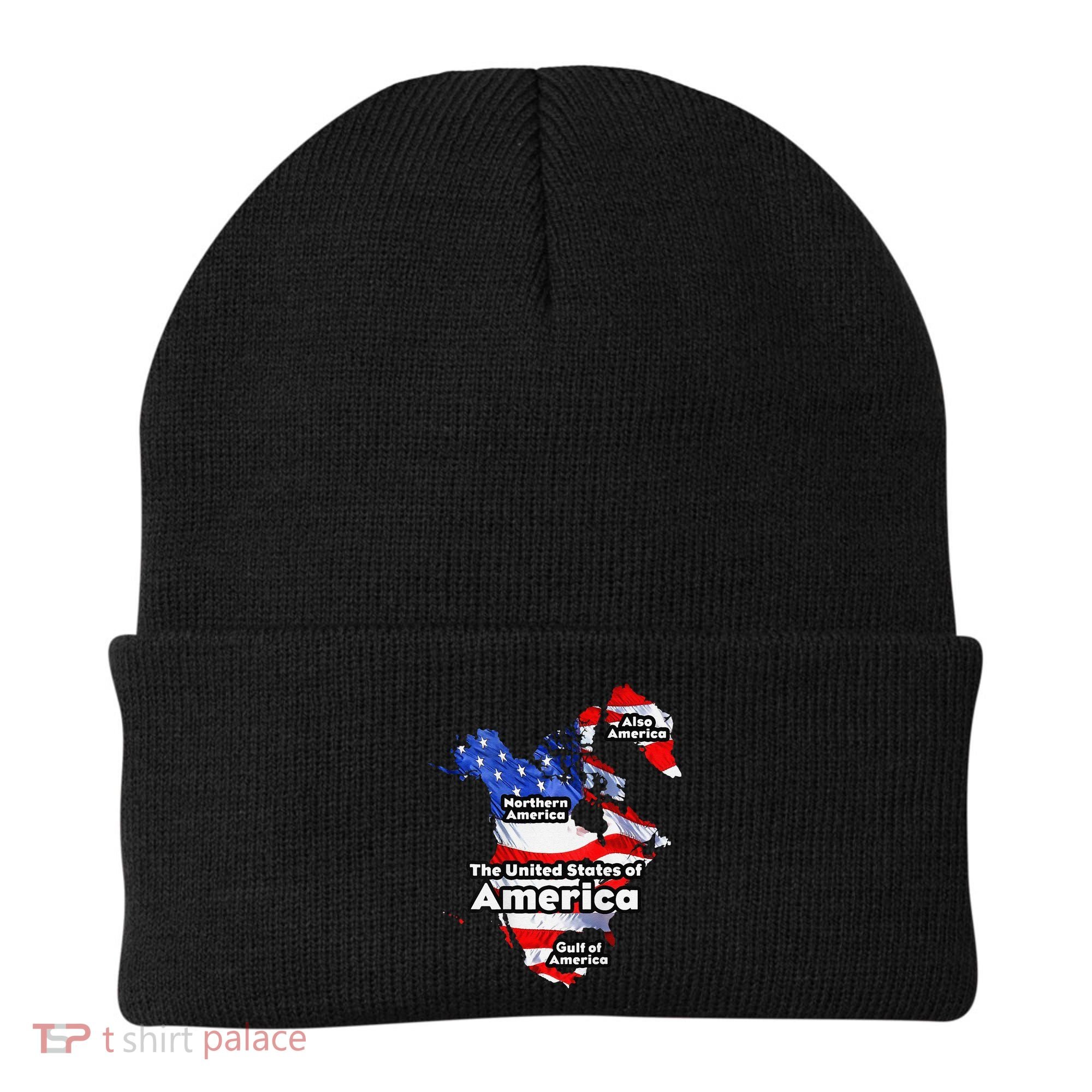 Funny Trump American Flag Canada Greenland Gulf Map On Back Beanie