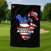 Funny Trump American Flag Canada Greenland Gulf Map On Back Golf Towel thumb 1