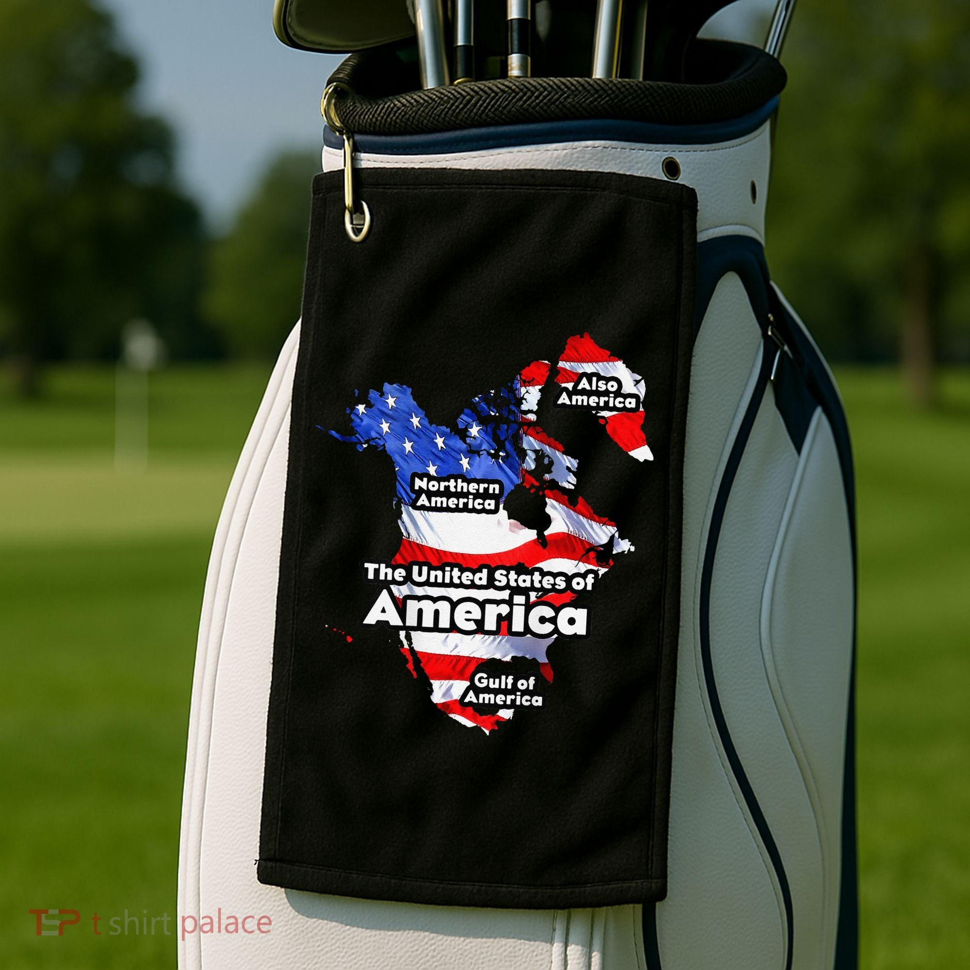 Funny Trump American Flag Canada Greenland Gulf Map On Back Golf Towel