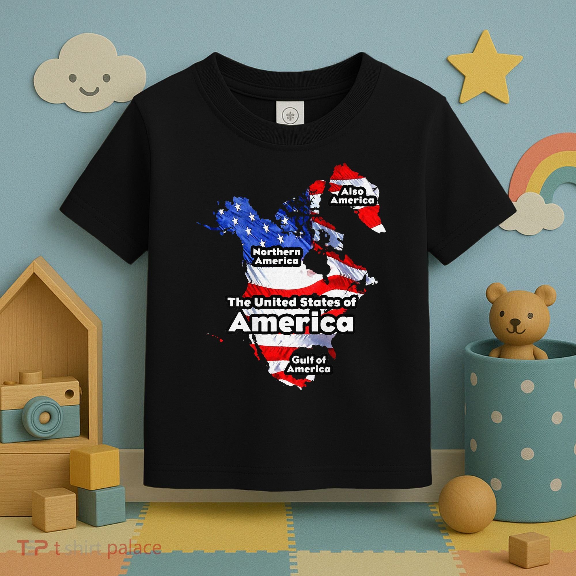 Funny Trump American Flag Canada Greenland Gulf Map On Back Toddler T-Shirt