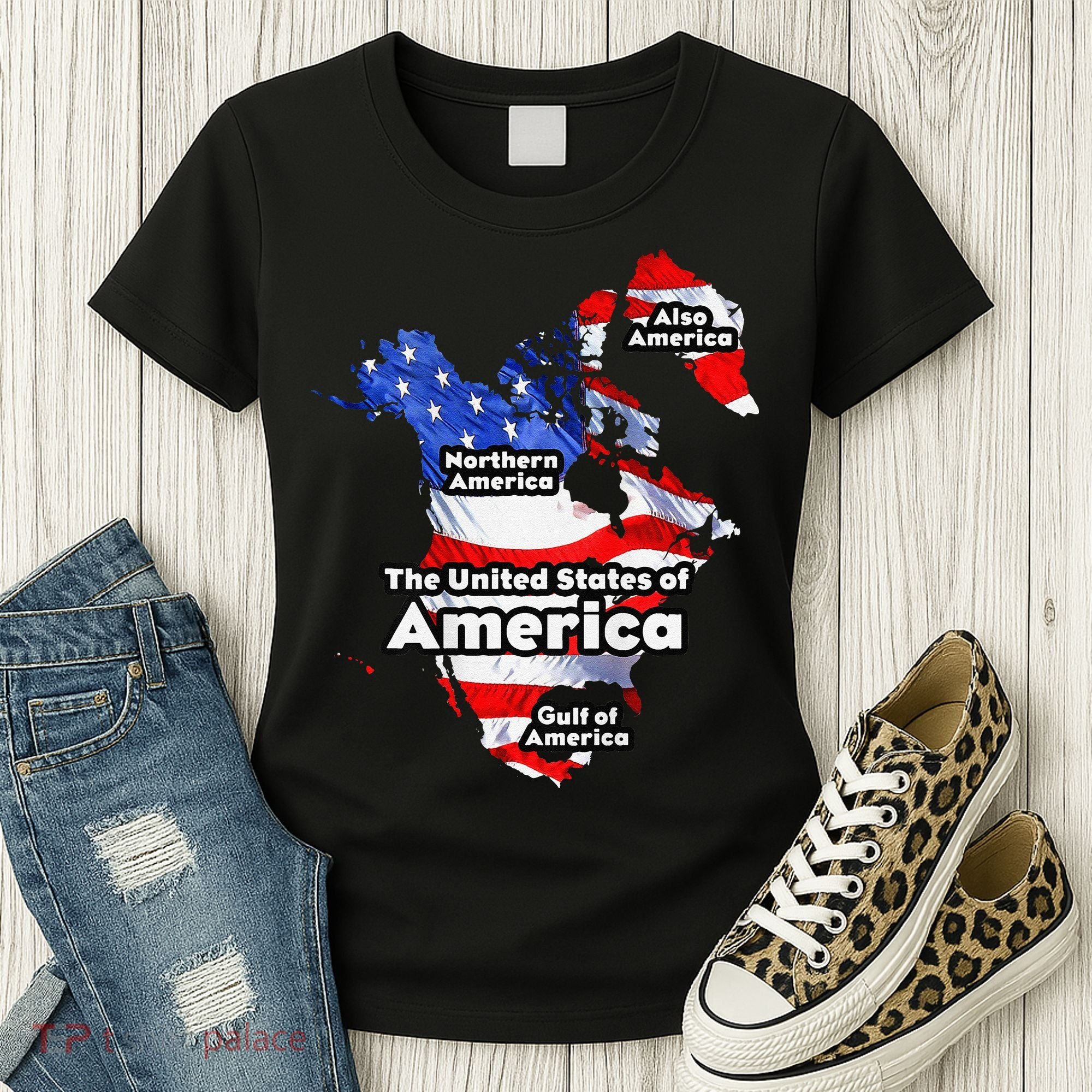 Funny Trump American Flag Canada Greenland Gulf Map On Back Women's T-Shirt