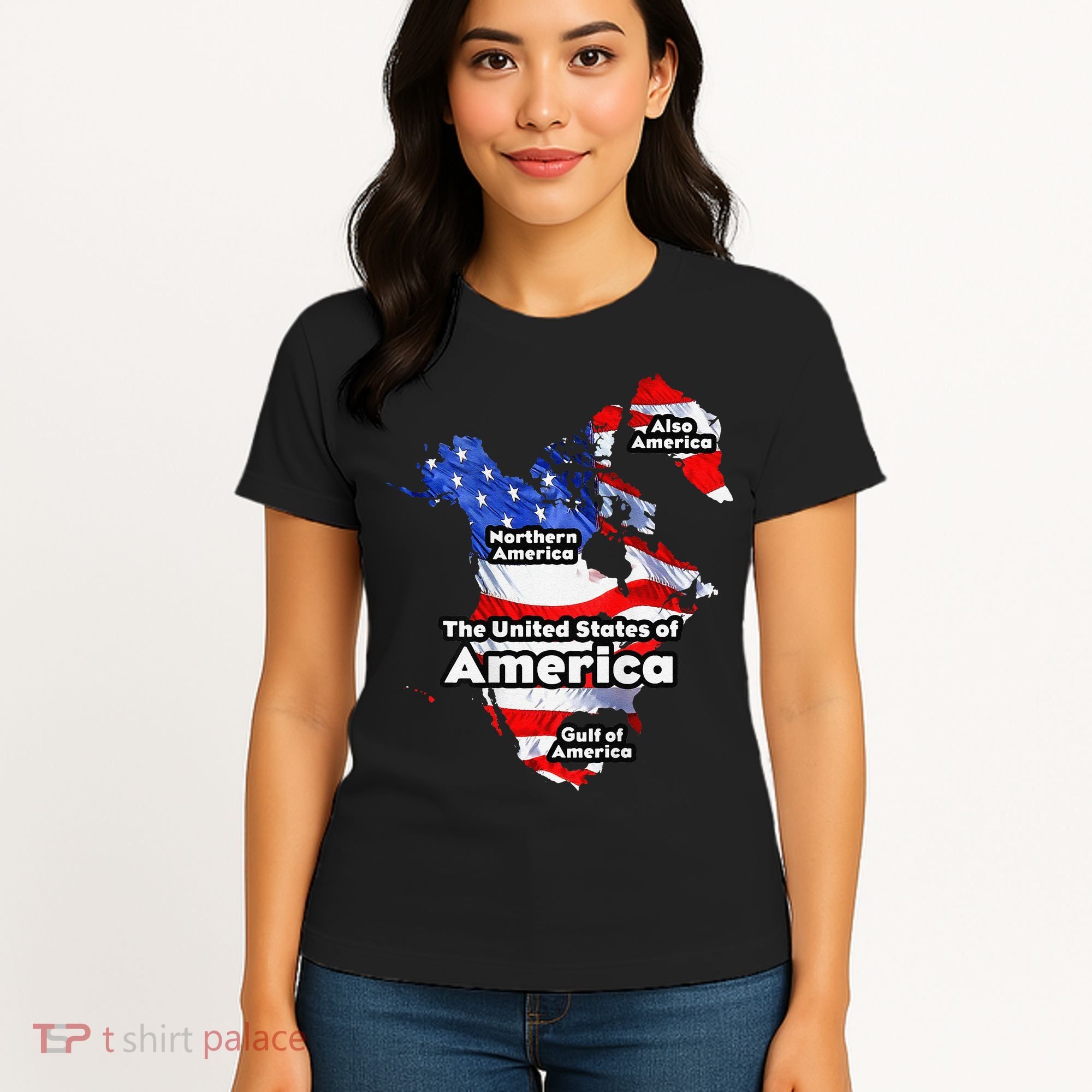 Funny Trump American Flag Canada Greenland Gulf Map On Back Women's T-Shirt
