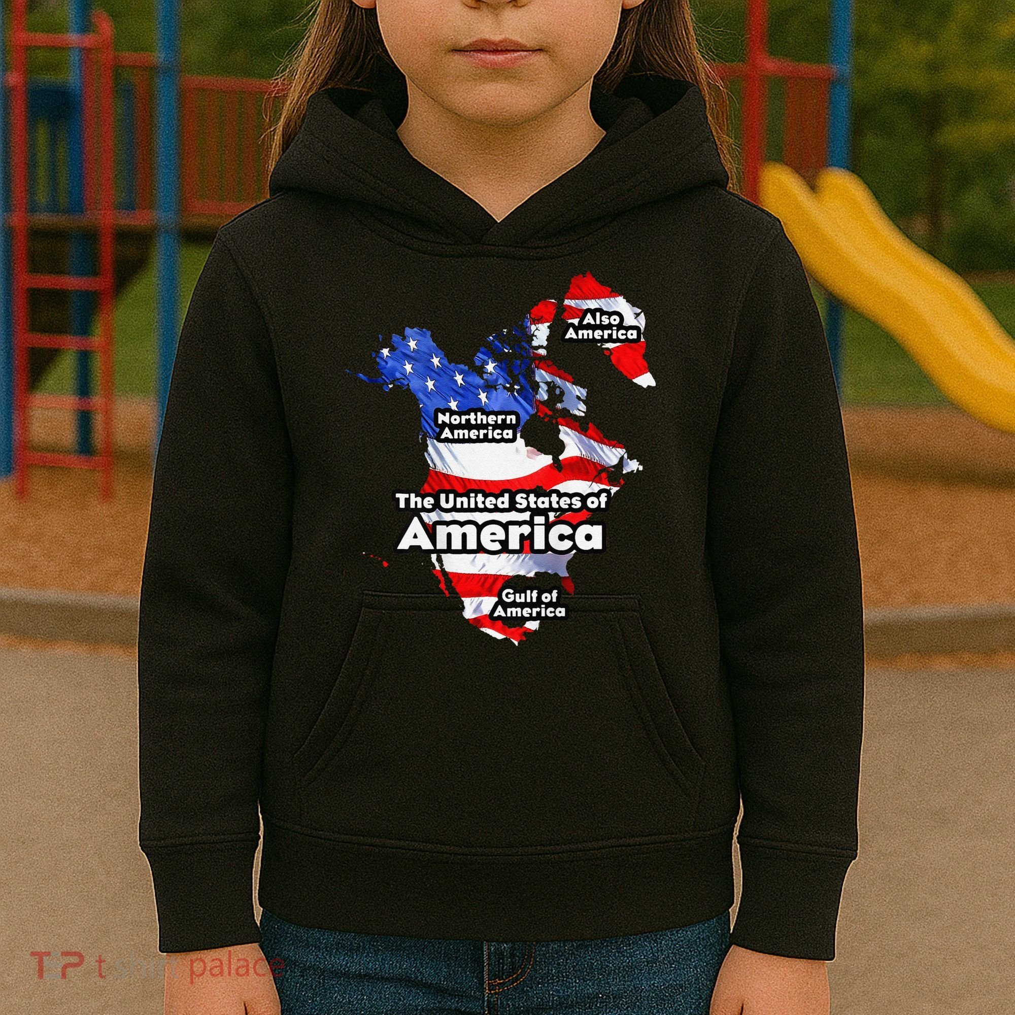 Funny Trump American Flag Canada Greenland Gulf Map On Back Kids Hoodie