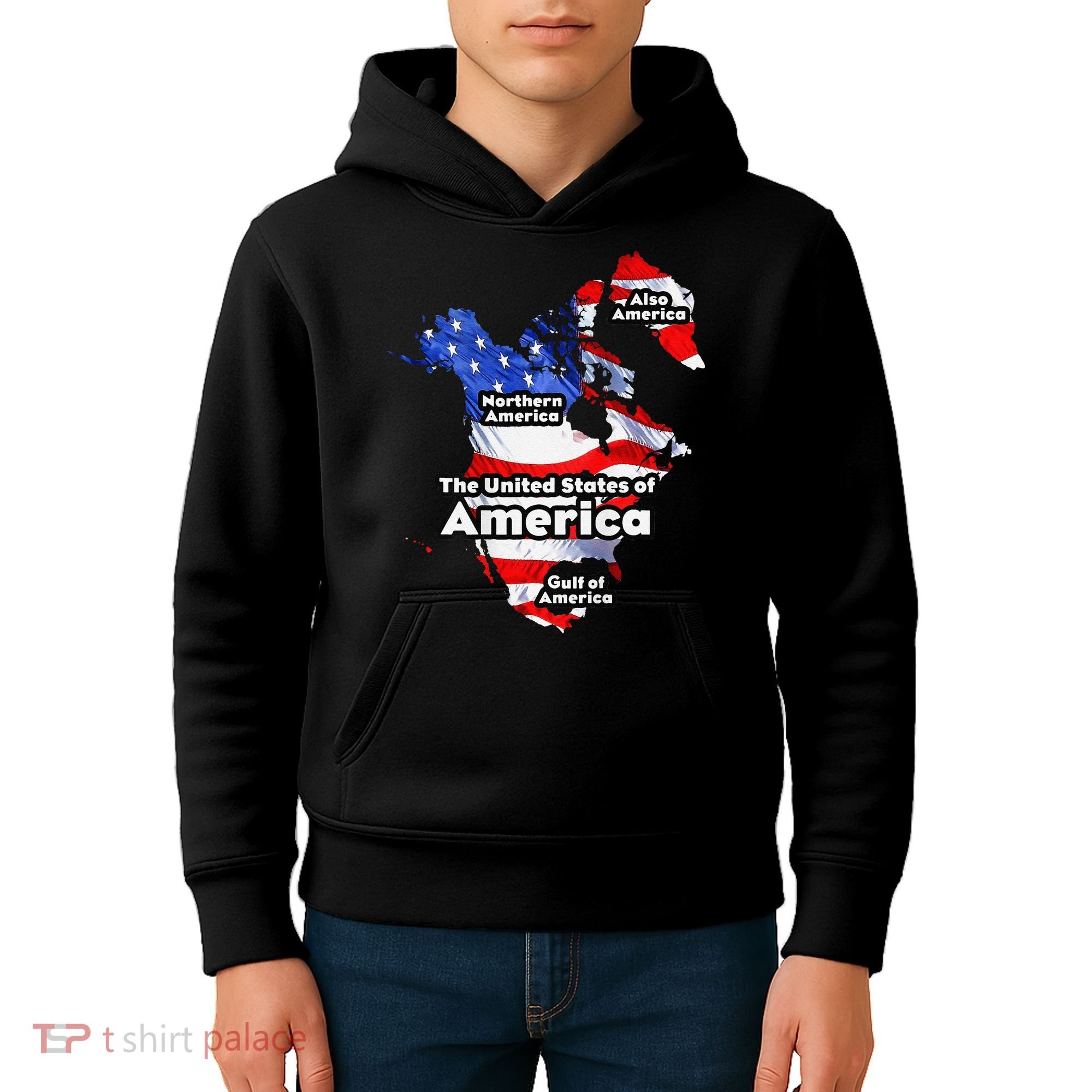 Funny Trump American Flag Canada Greenland Gulf Map On Back Kids Hoodie