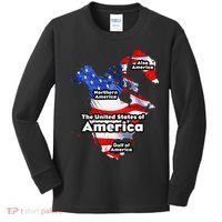 Funny Trump American Flag Canada Greenland Gulf Map On Back Kids Long Sleeve Shirt thumb 0