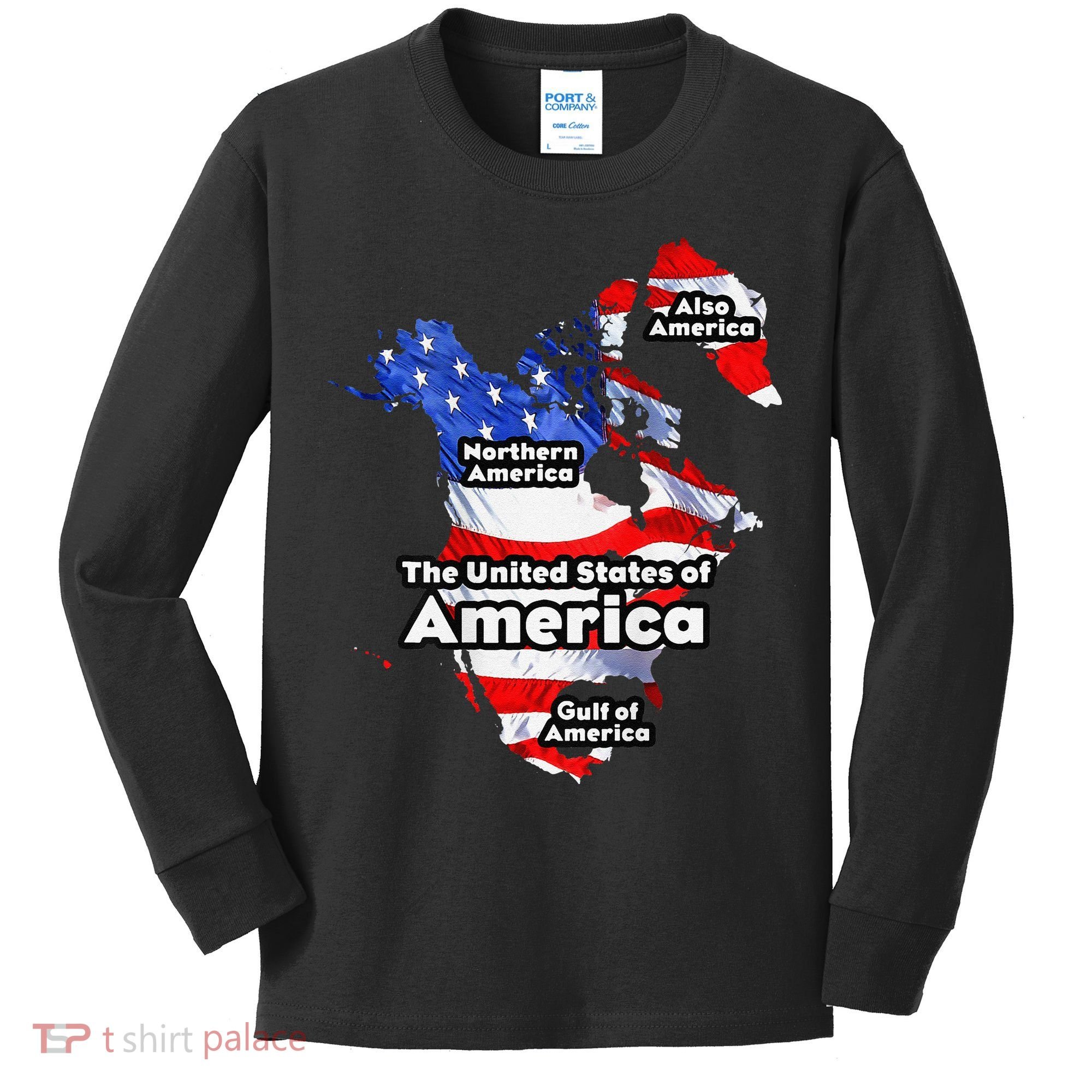 Funny Trump American Flag Canada Greenland Gulf Map On Back Kids Long Sleeve Shirt