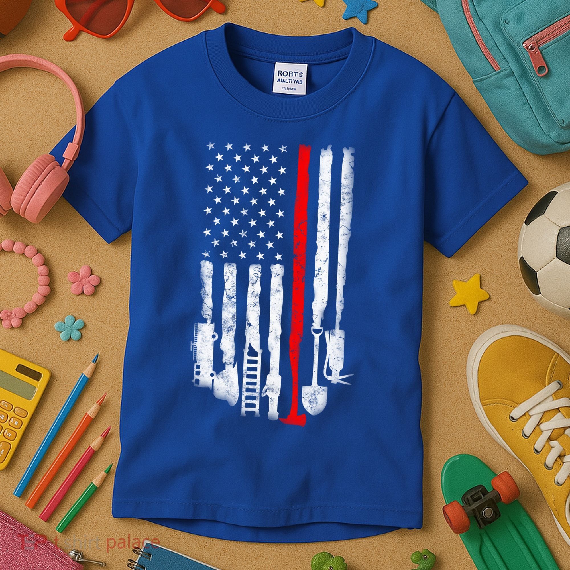 Firefighter Tools And Equipt Stripe American Flag Fire Gift Kids T-Shirt