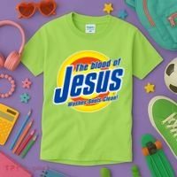 Funny The Blood Of Jesus Washes Souls Clean Detergent Kids T-Shirt thumb 3