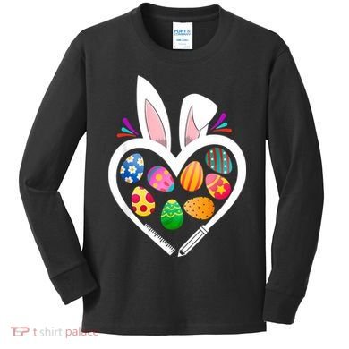 Funny Teacher Bunny Heart Easter Eggs Rabbit Easter Day Kids Long Sleeve Shirt