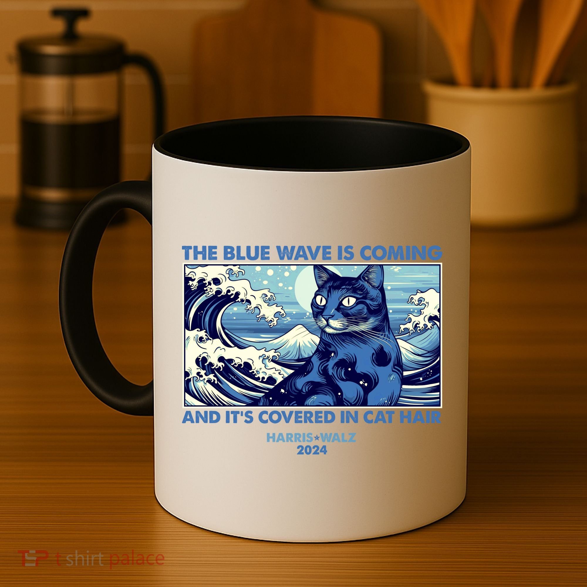 Funny The Blue Wave Is Coming And Its Covered In Cat Hair Harris Walz 2024 Coffee Mug