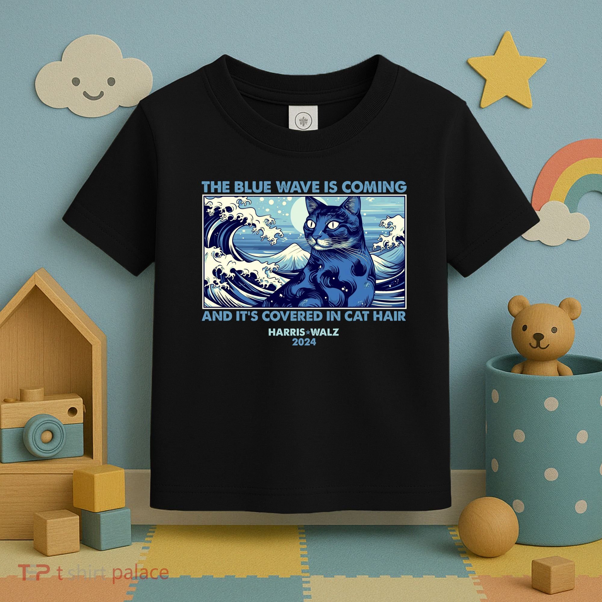 Funny The Blue Wave Is Coming And Its Covered In Cat Hair Harris Walz 2024 Toddler T-Shirt