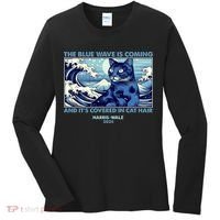 Funny The Blue Wave Is Coming And Its Covered In Cat Hair Harris Walz 2024 Women's Long Sleeve Shirt thumb 0
