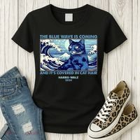 Funny The Blue Wave Is Coming And Its Covered In Cat Hair Harris Walz 2024 Women's T-Shirt thumb 3