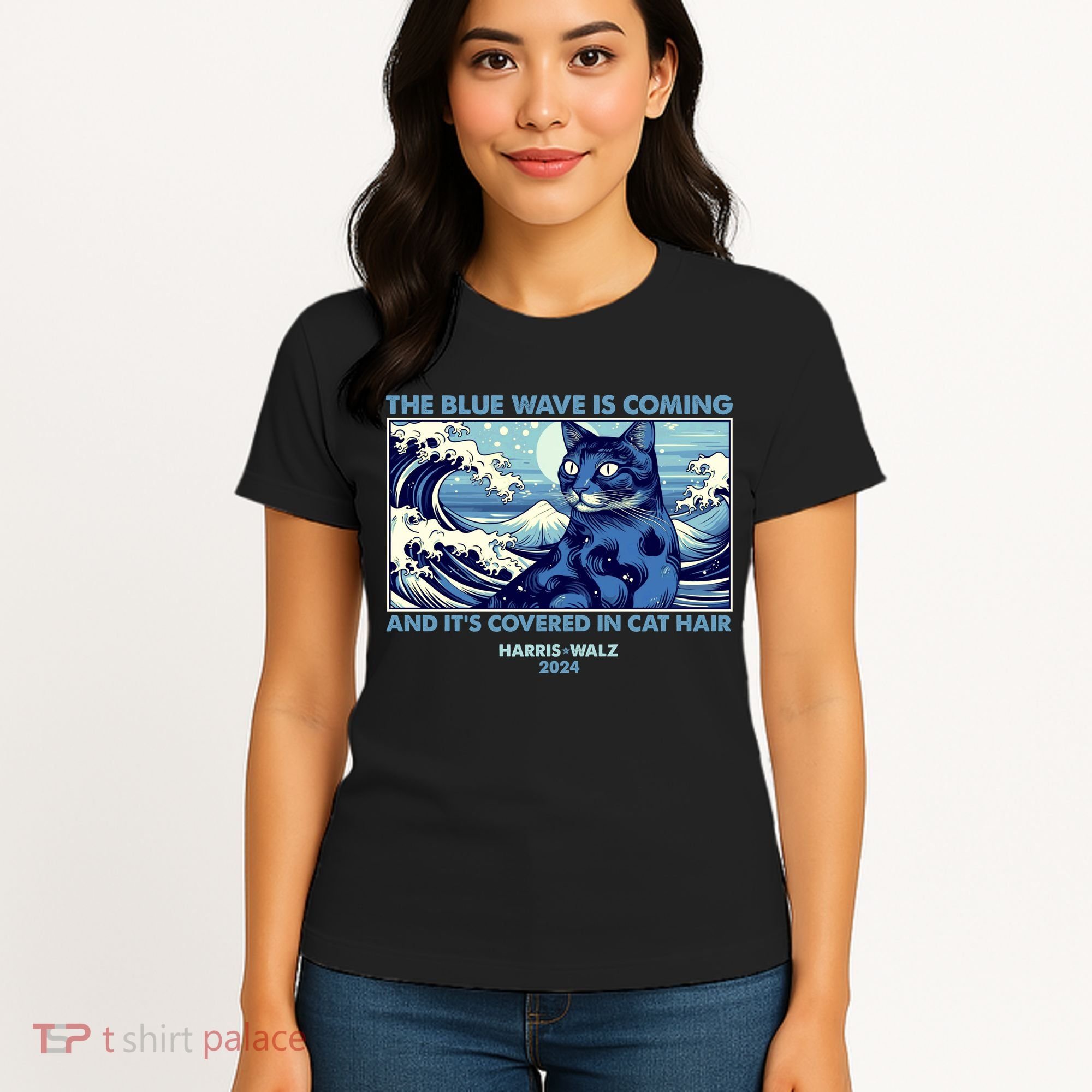 Funny The Blue Wave Is Coming And Its Covered In Cat Hair Harris Walz 2024 Women's T-Shirt