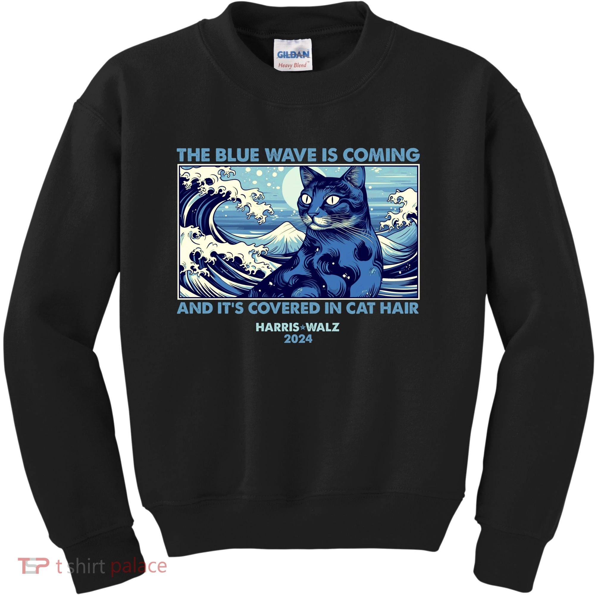 Funny The Blue Wave Is Coming And Its Covered In Cat Hair Harris Walz 2024 Kids Sweatshirt