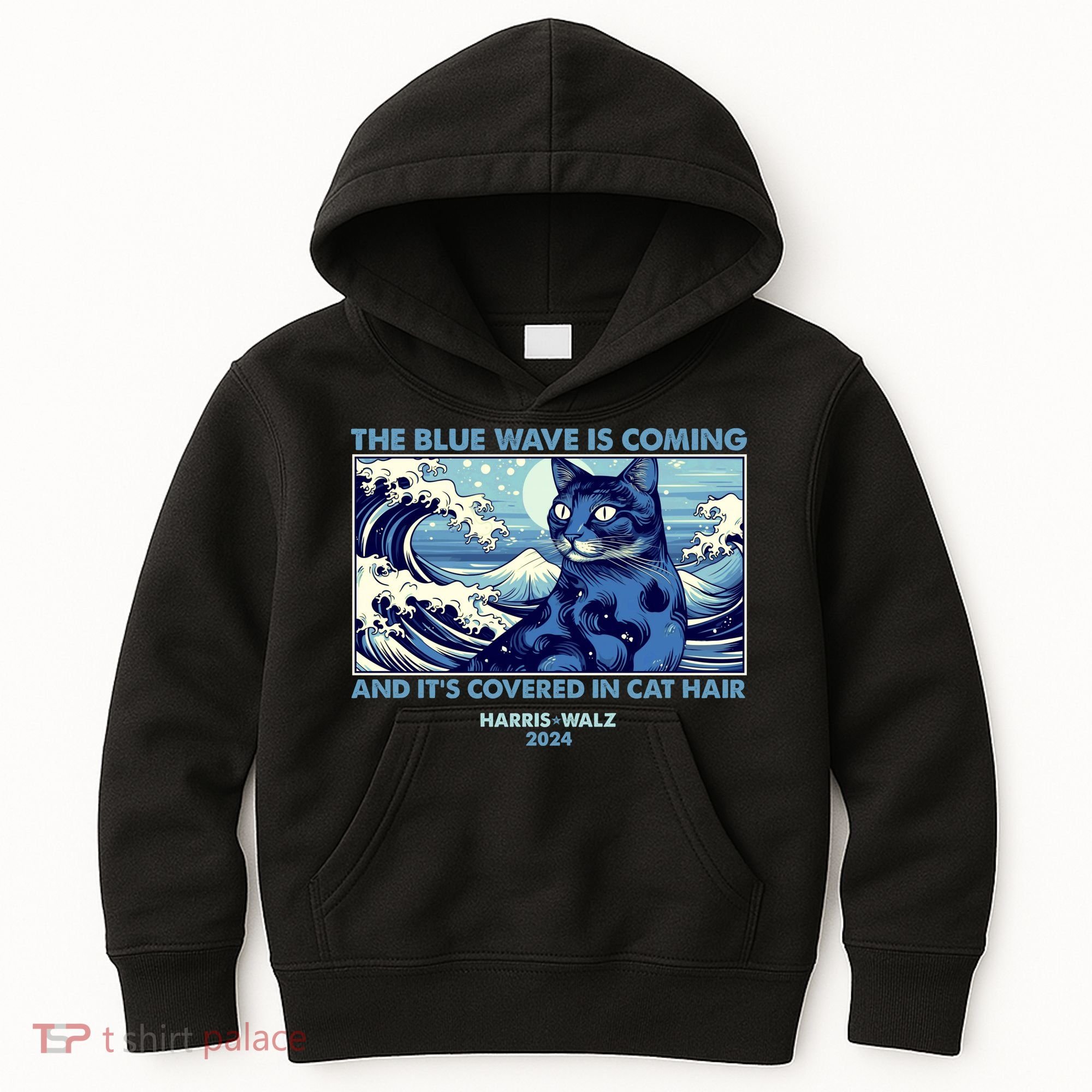 Funny The Blue Wave Is Coming And Its Covered In Cat Hair Harris Walz 2024 Kids Hoodie