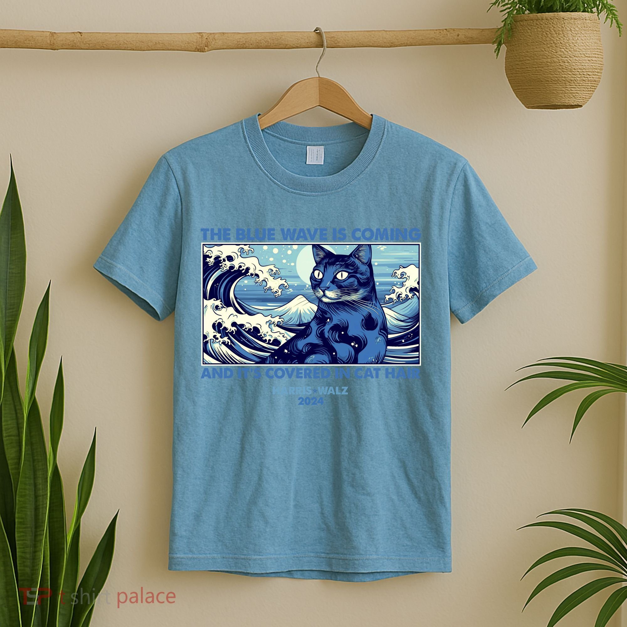 Funny The Blue Wave Is Coming And Its Covered In Cat Hair Harris Walz 2024 T-Shirt