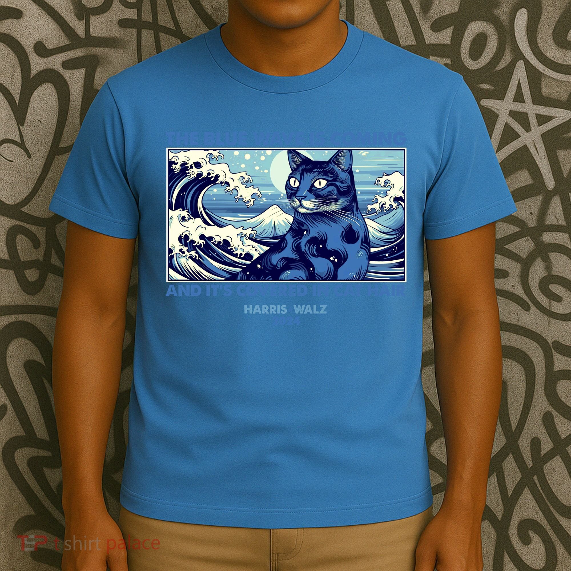 Funny The Blue Wave Is Coming And Its Covered In Cat Hair Harris Walz 2024 T-Shirt