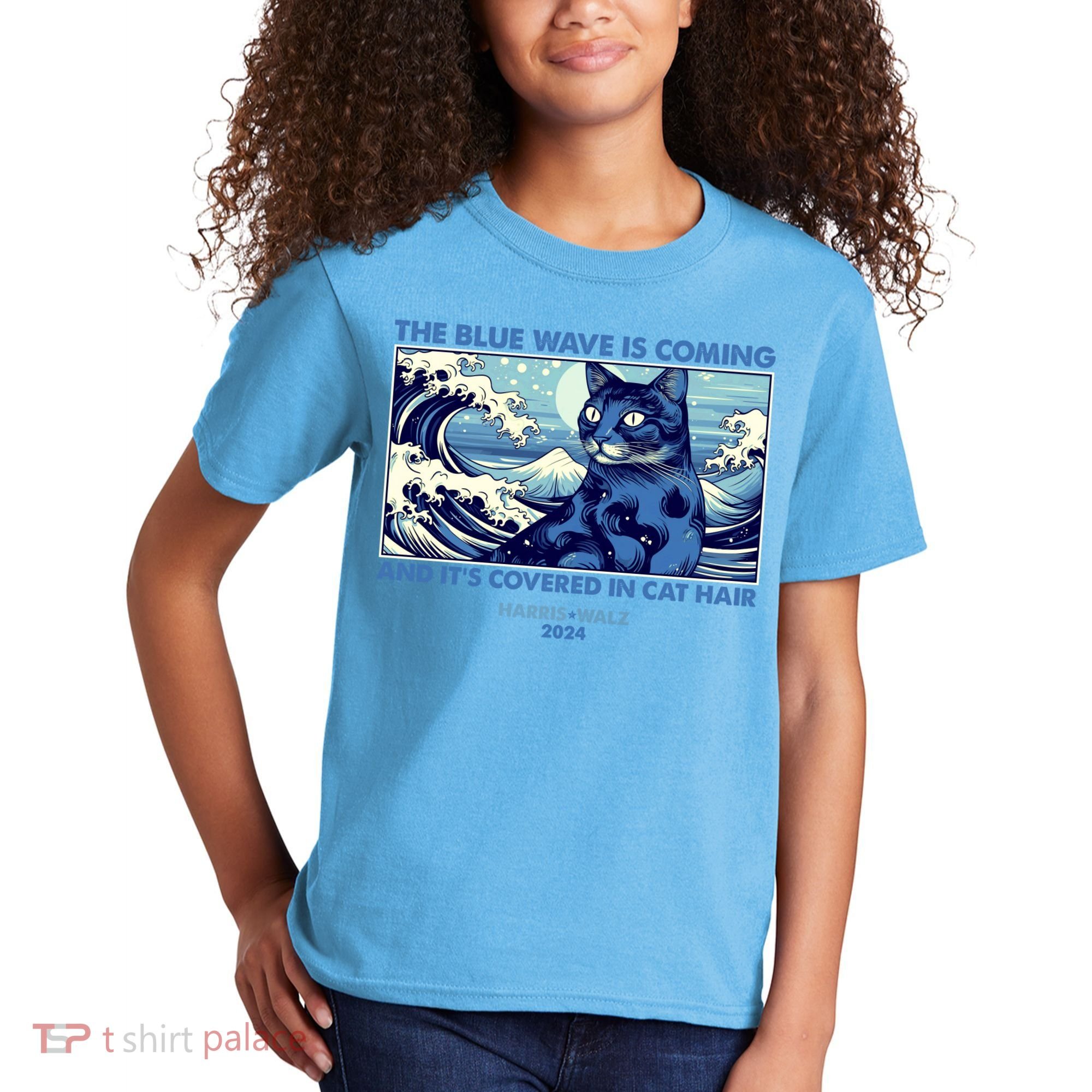 Funny The Blue Wave Is Coming And Its Covered In Cat Hair Harris Walz 2024 Kids T-Shirt
