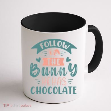 Follow The Bunny He Has Chocolate Funny Easter Coffee Mug back