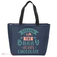 Follow The Bunny He Has Chocolate Funny Easter Tote Bag thumb 0