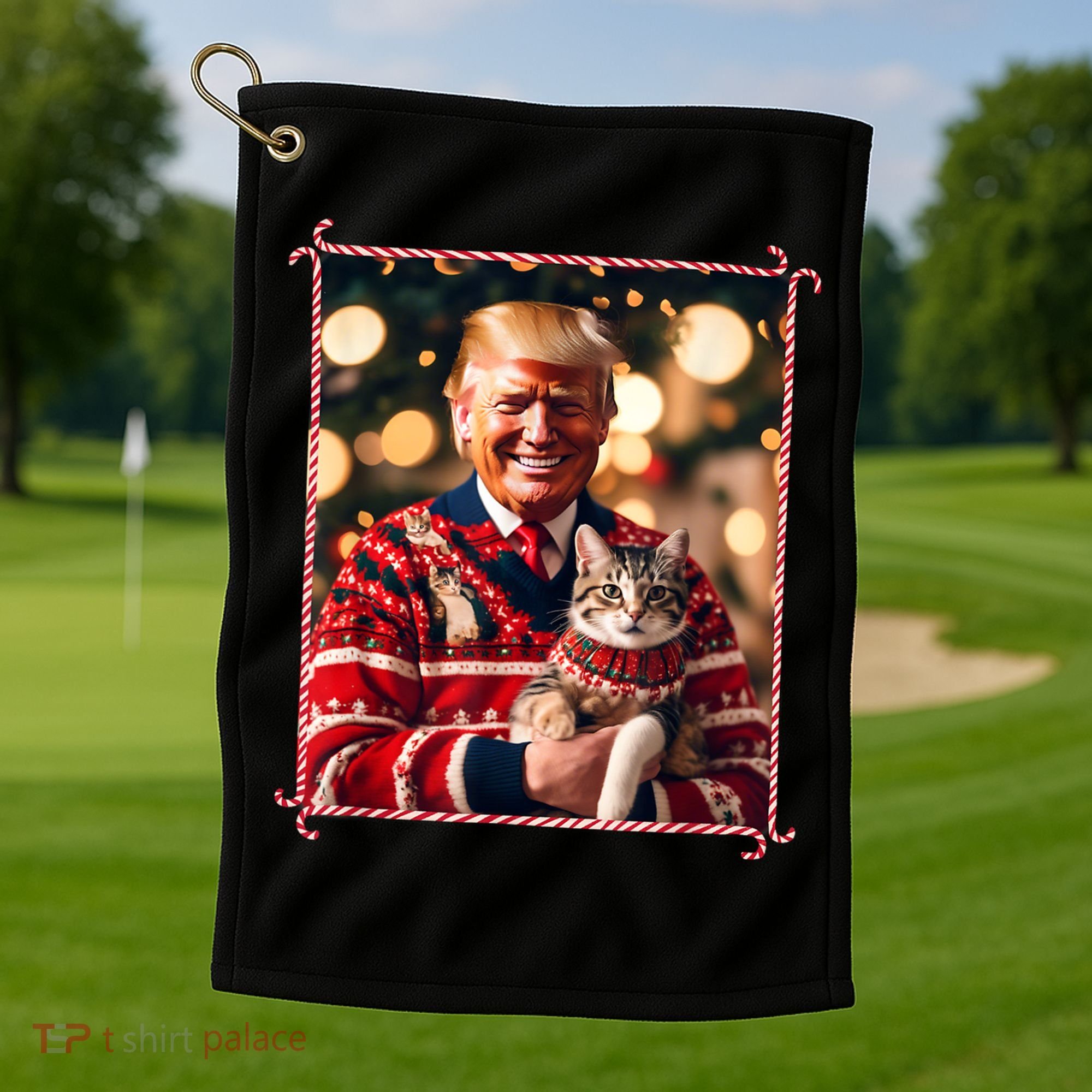 Funny Trump Christmas Sweater For Cat Lovers Golf Towel