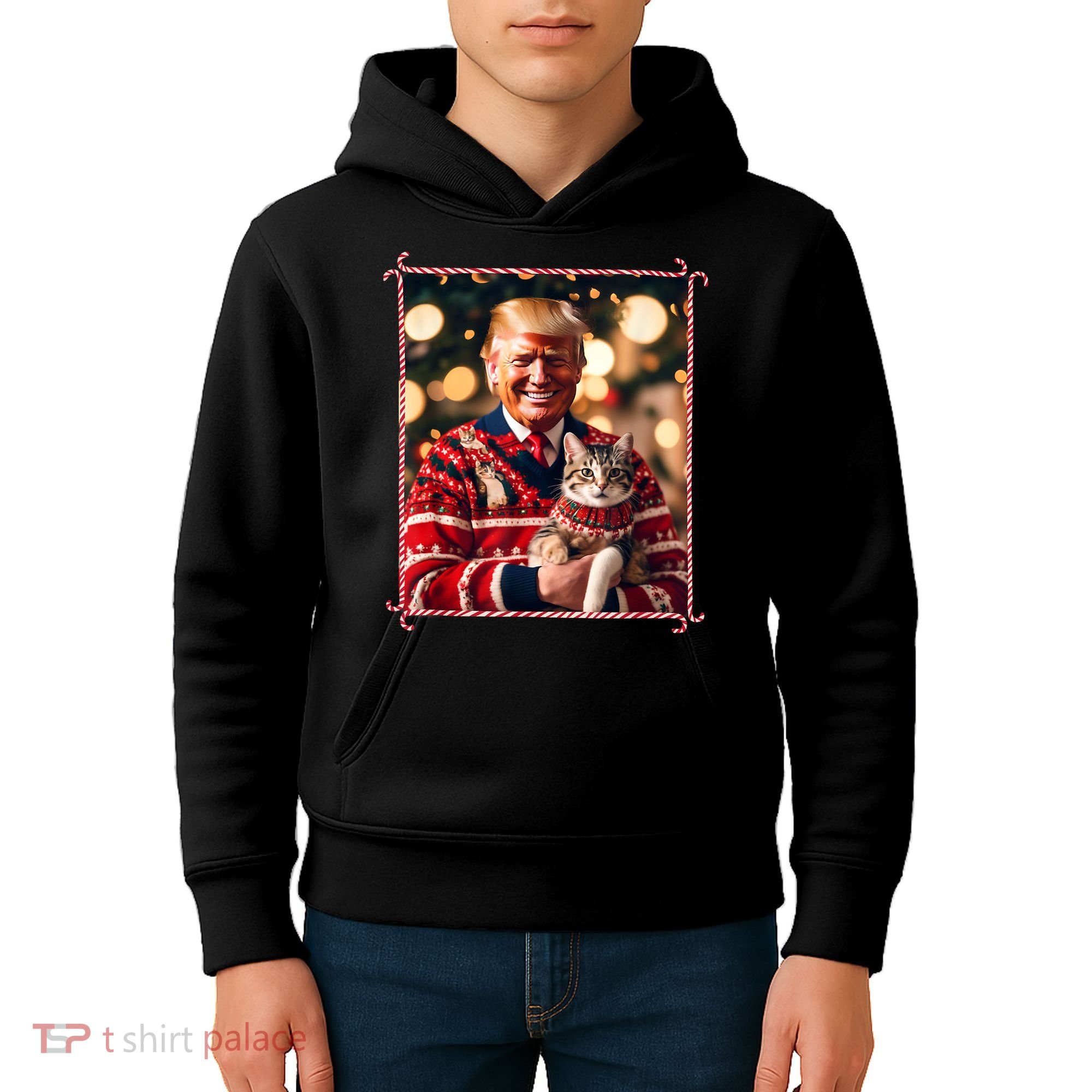 Funny Trump Christmas Sweater For Cat Lovers Kids Hoodie