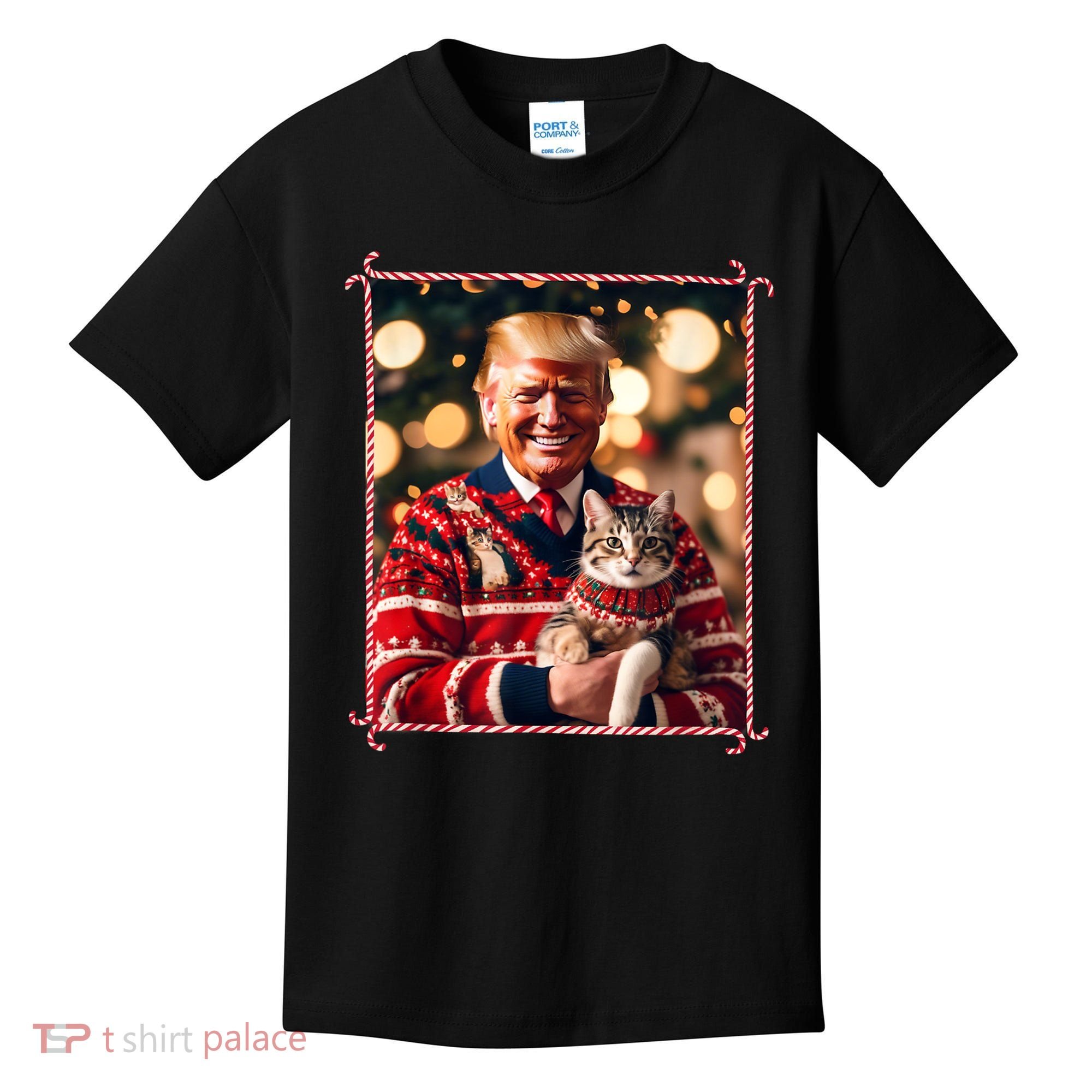 Funny Trump Christmas Sweater For Cat Lovers Kids T-Shirt