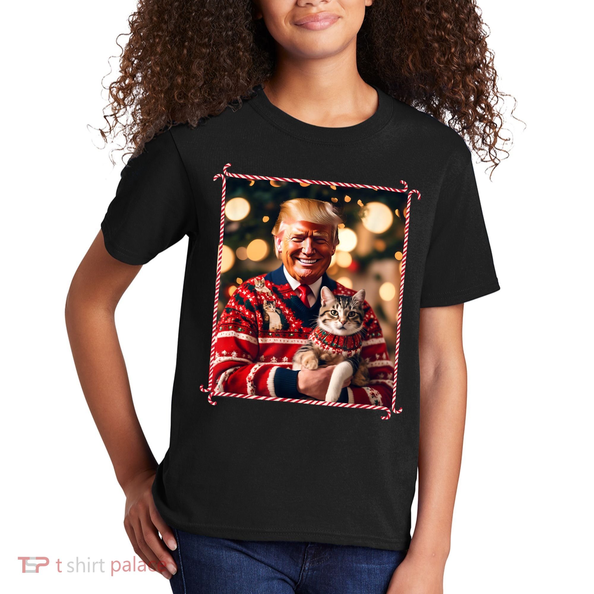 Funny Trump Christmas Sweater For Cat Lovers Kids T-Shirt