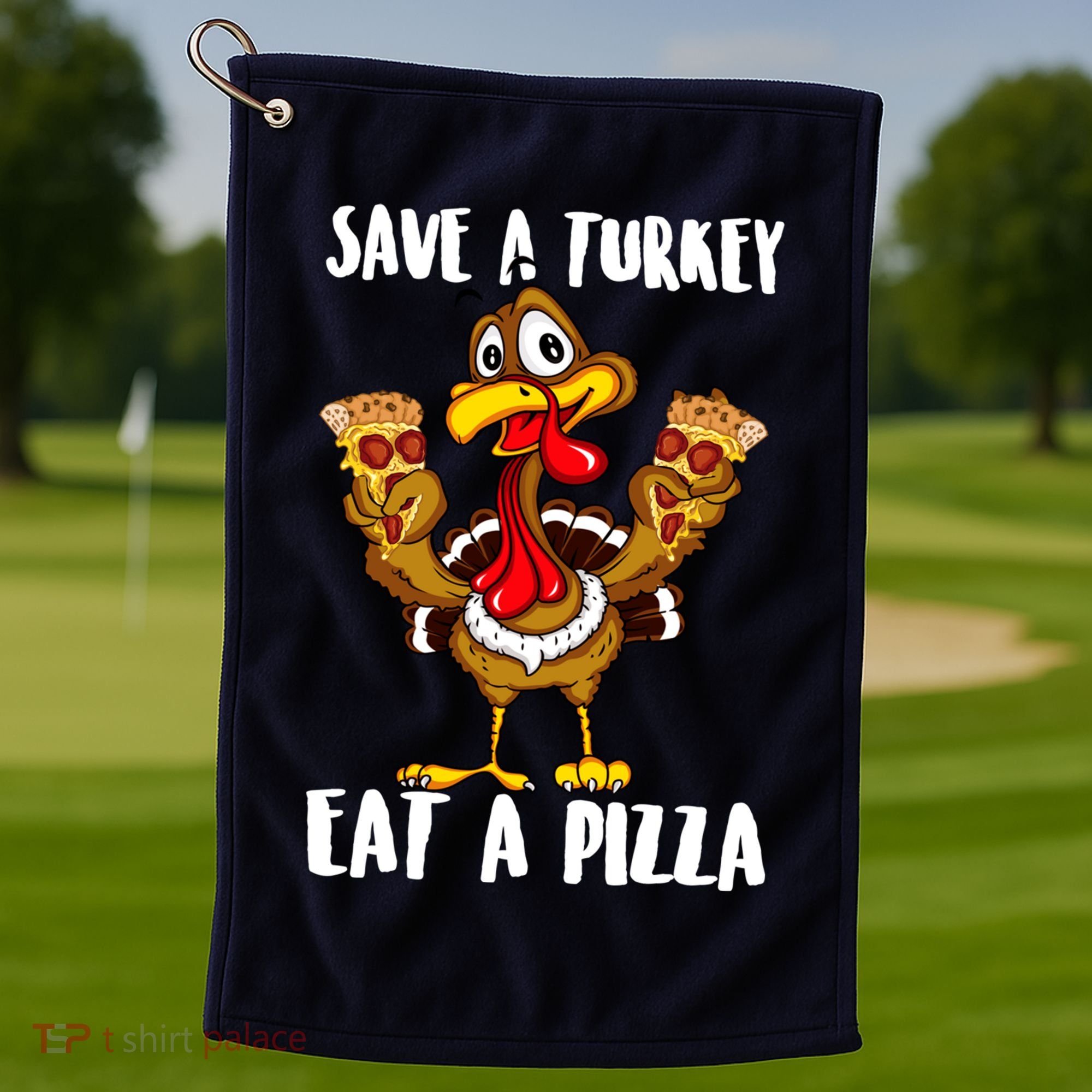Funny Thanksgiving Costume Save A Turkey Eat A Pizza Golf Towel