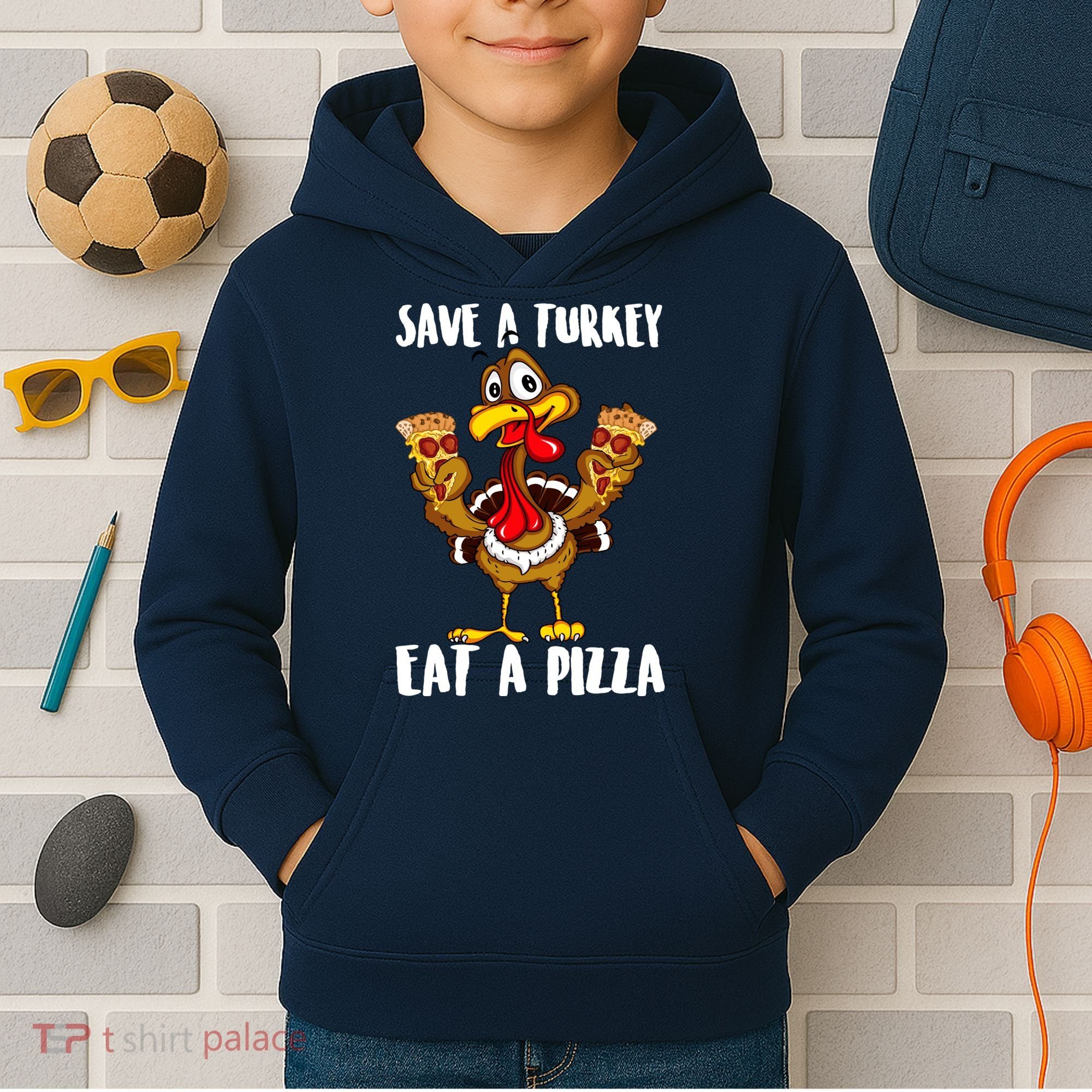 Funny Thanksgiving Costume Save A Turkey Eat A Pizza Kids Hoodie