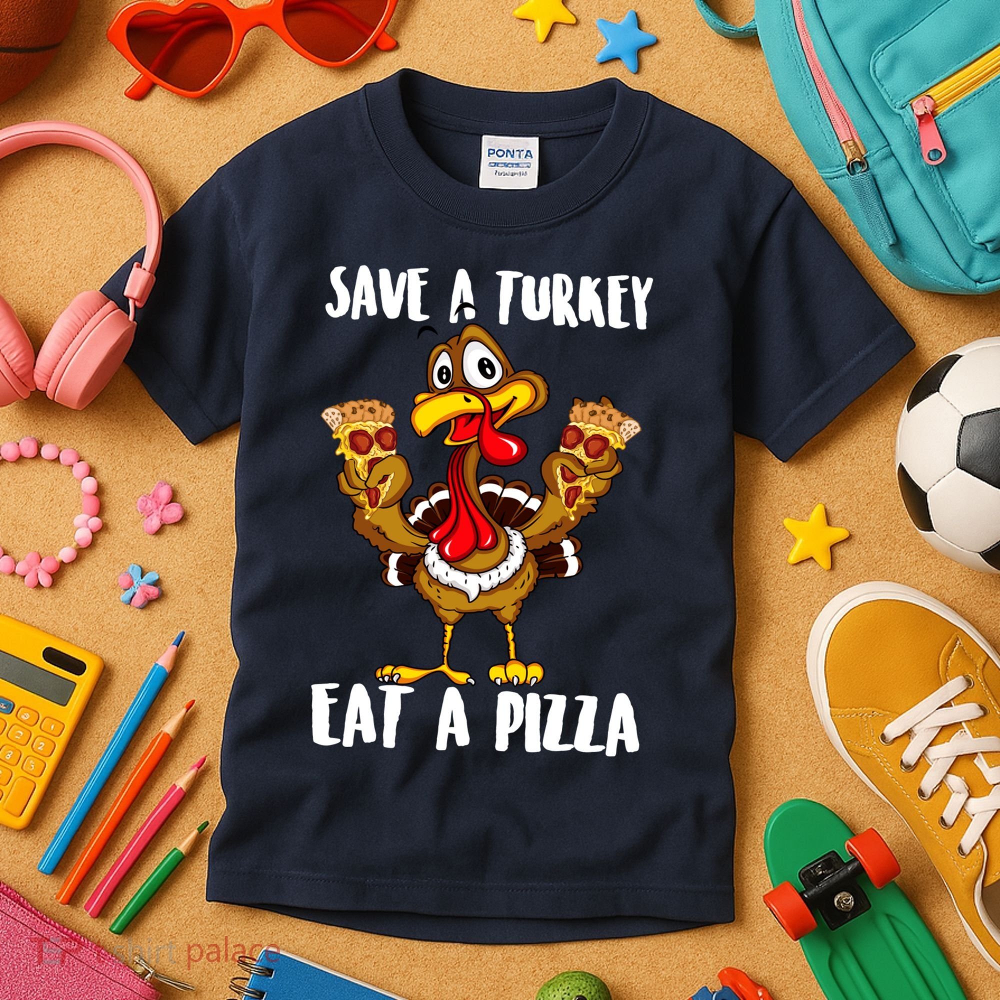 Funny Thanksgiving Costume Save A Turkey Eat A Pizza Kids T-Shirt