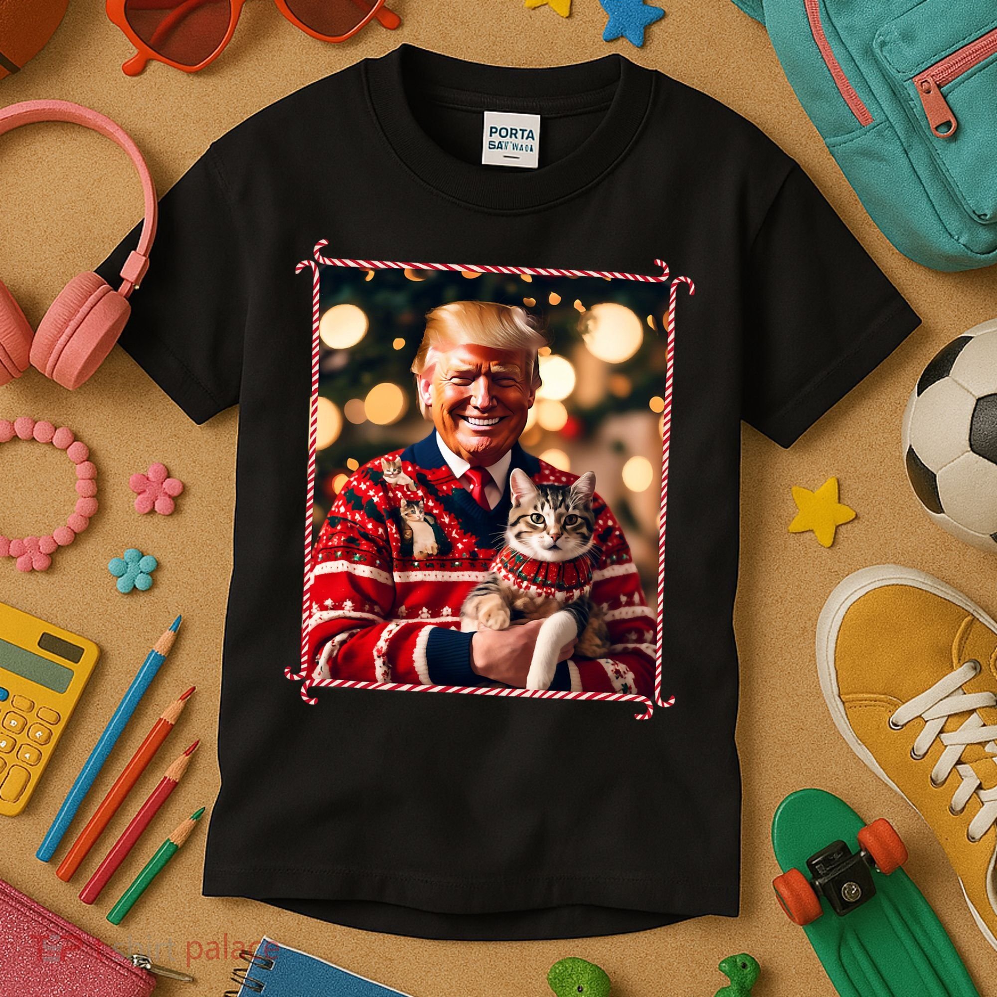Funny Trump Christmas Sweater For Cat Lovers Kids T-Shirt