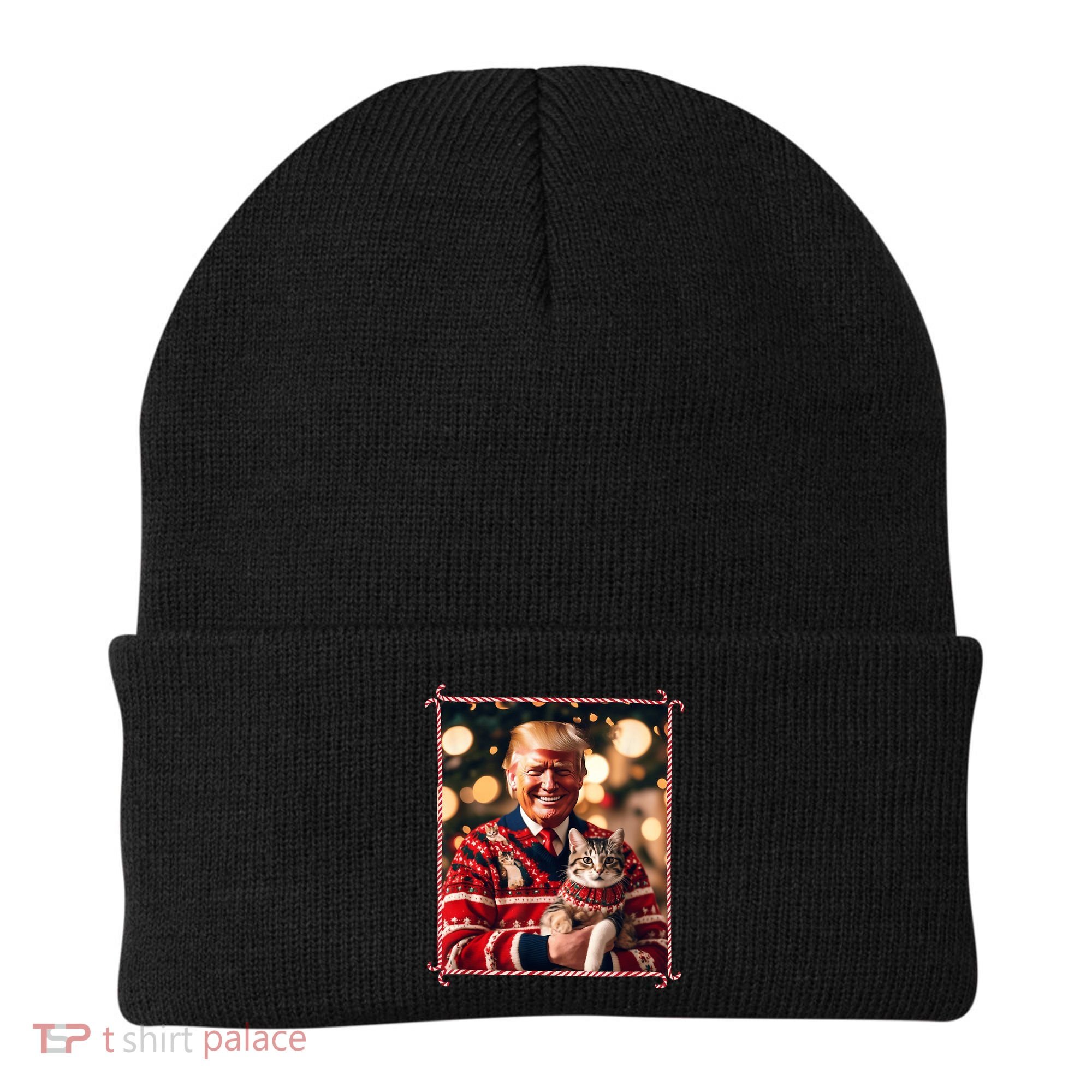 Funny Trump Christmas Sweater For Cat Lovers Beanie