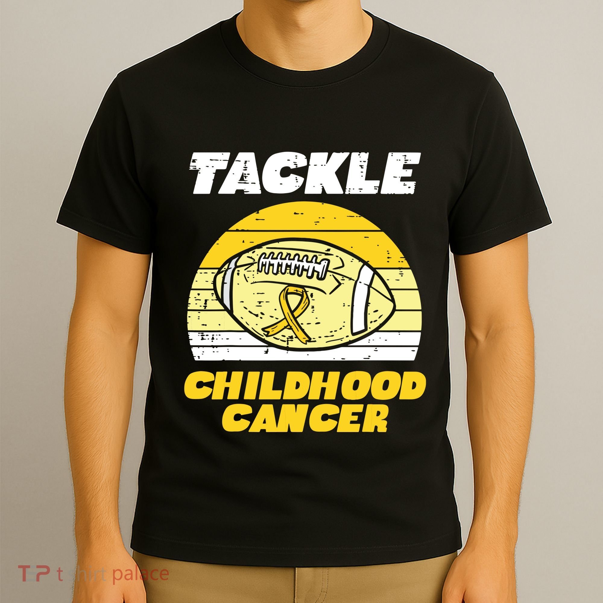 Football Tackle Childhood Cancer Retro Awareness Ribbon T-Shirt