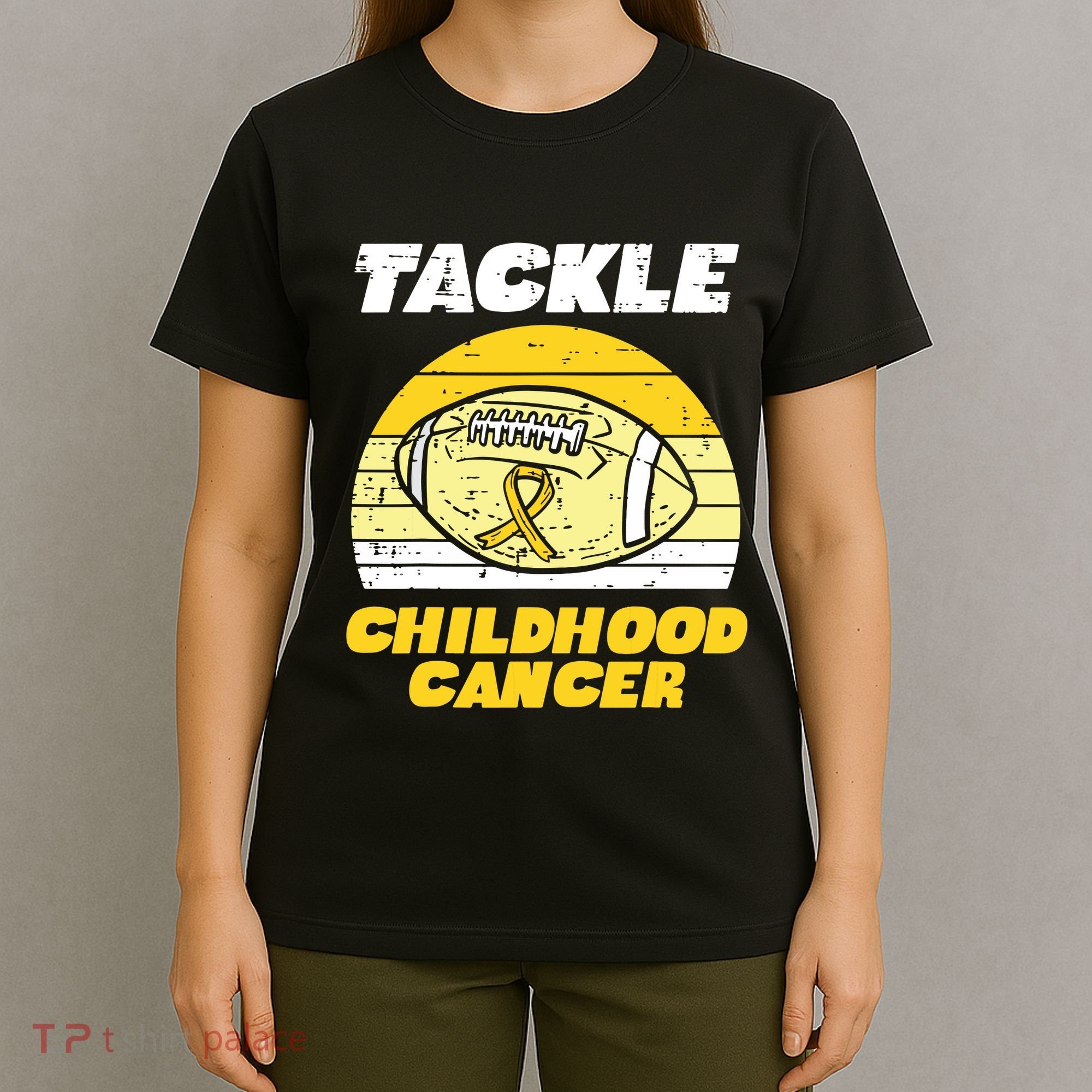 Football Tackle Childhood Cancer Retro Awareness Ribbon T-Shirt