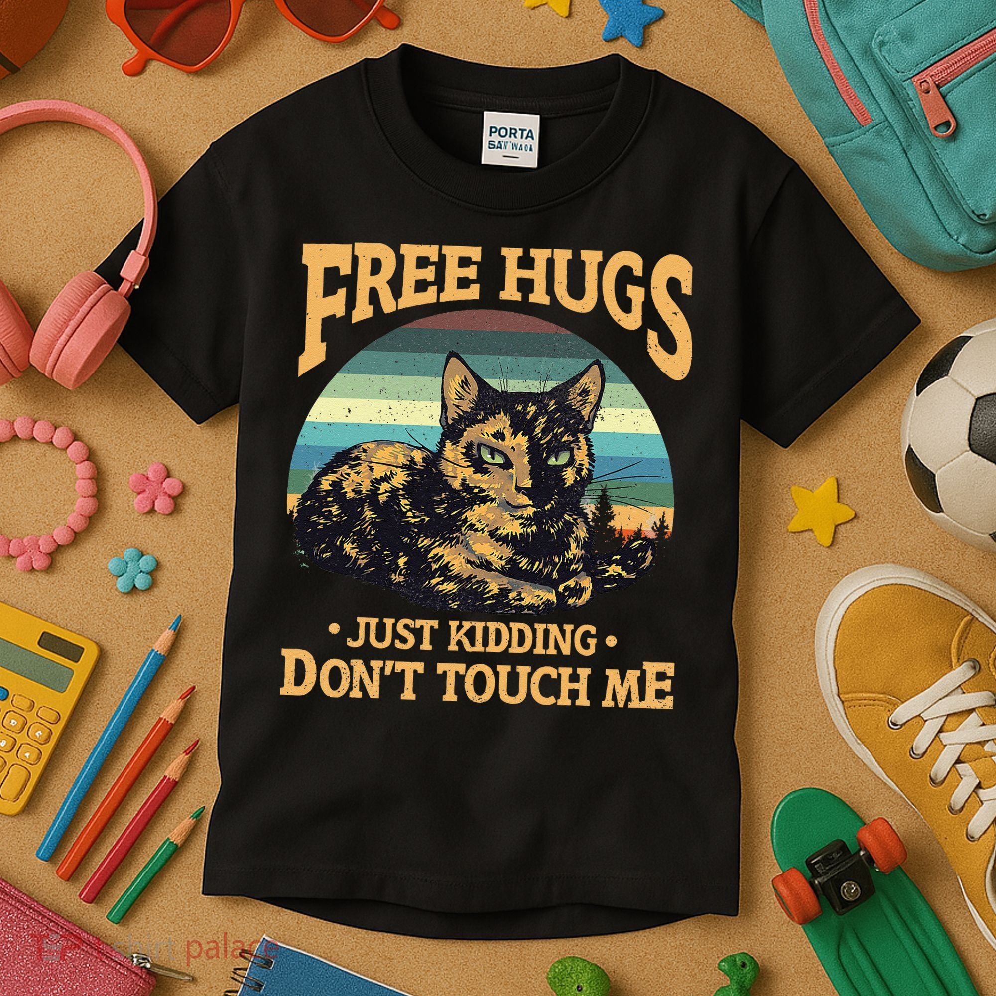 Free Tortoiseshell Cat Hugs Just Kidding Dont Touch Me Kids T-Shirt