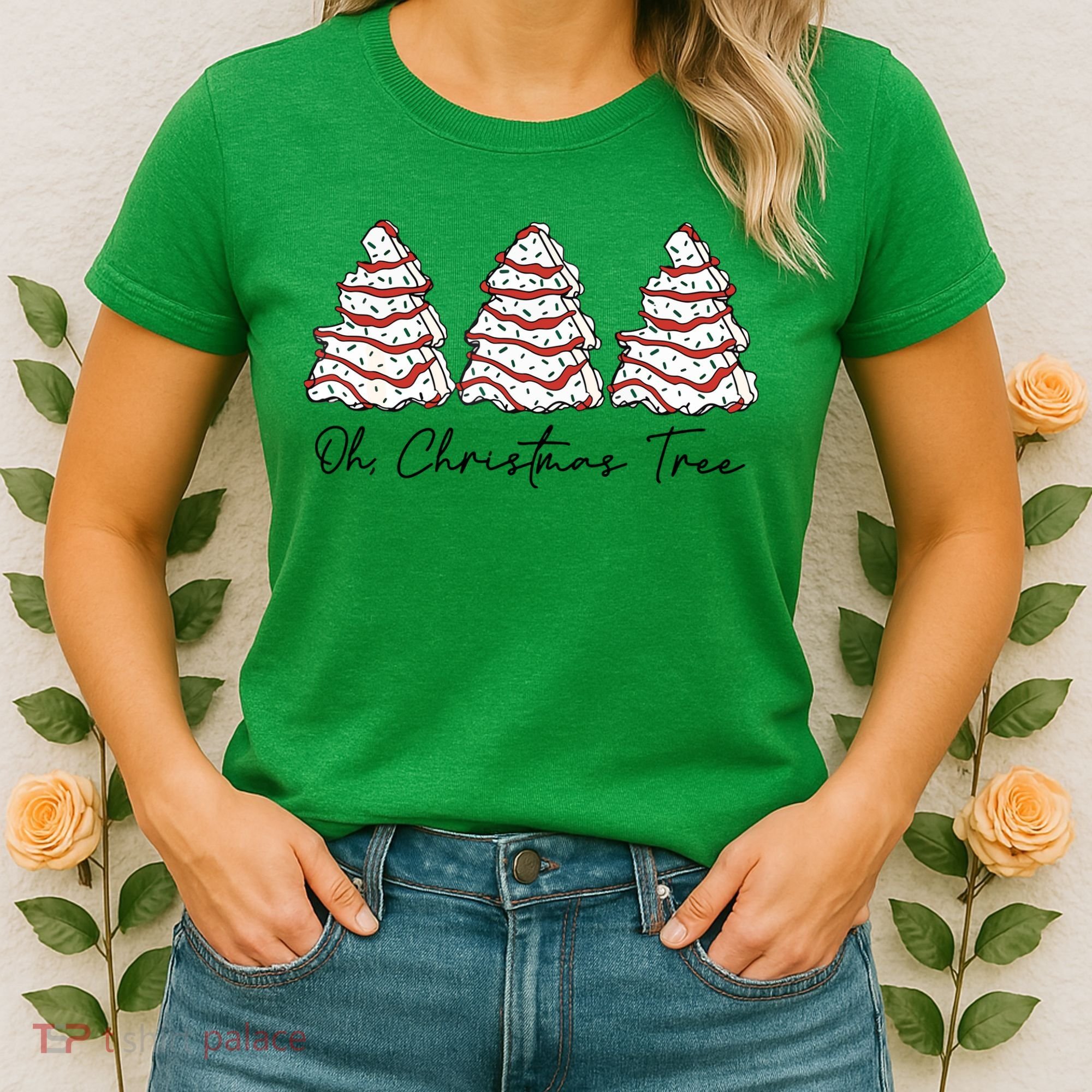 Funny Tree Cakes Debbie Groovy Oh Christmas Tree Xmas Lights Gift Women's T-Shirt