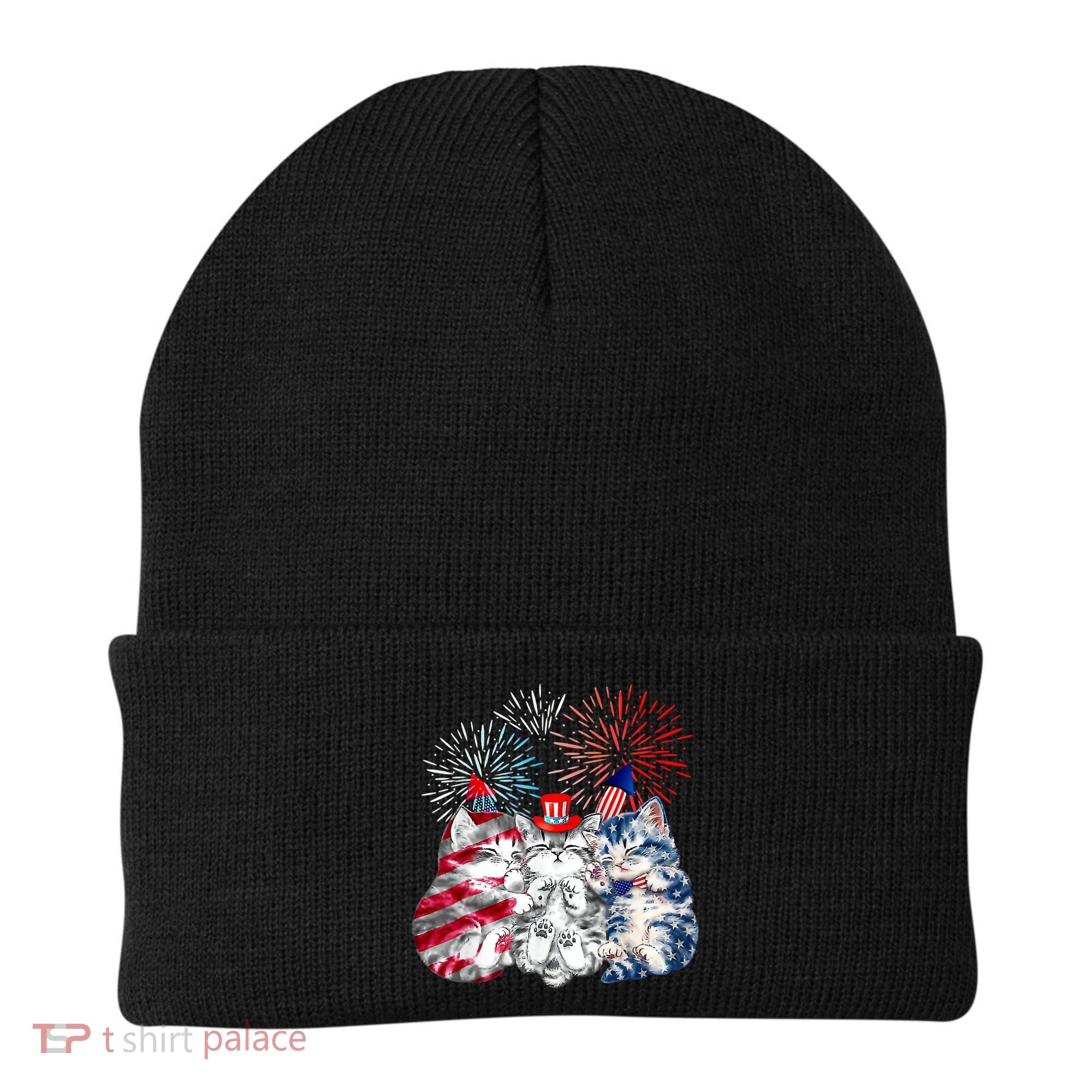 Funny Three Cat 4th Of July American Flag Patriotic Cat Beanie