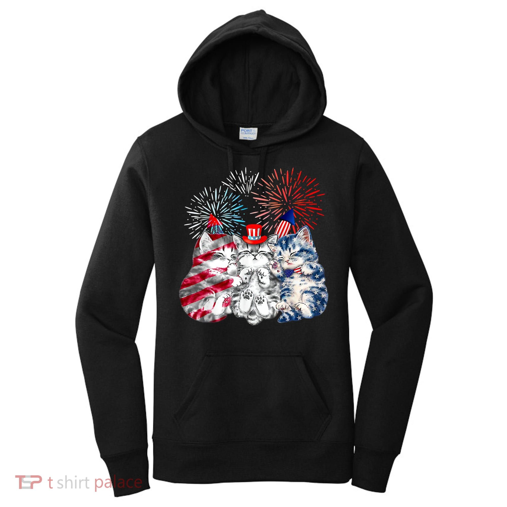 Funny Three Cat 4th Of July American Flag Patriotic Cat Women's Hoodie