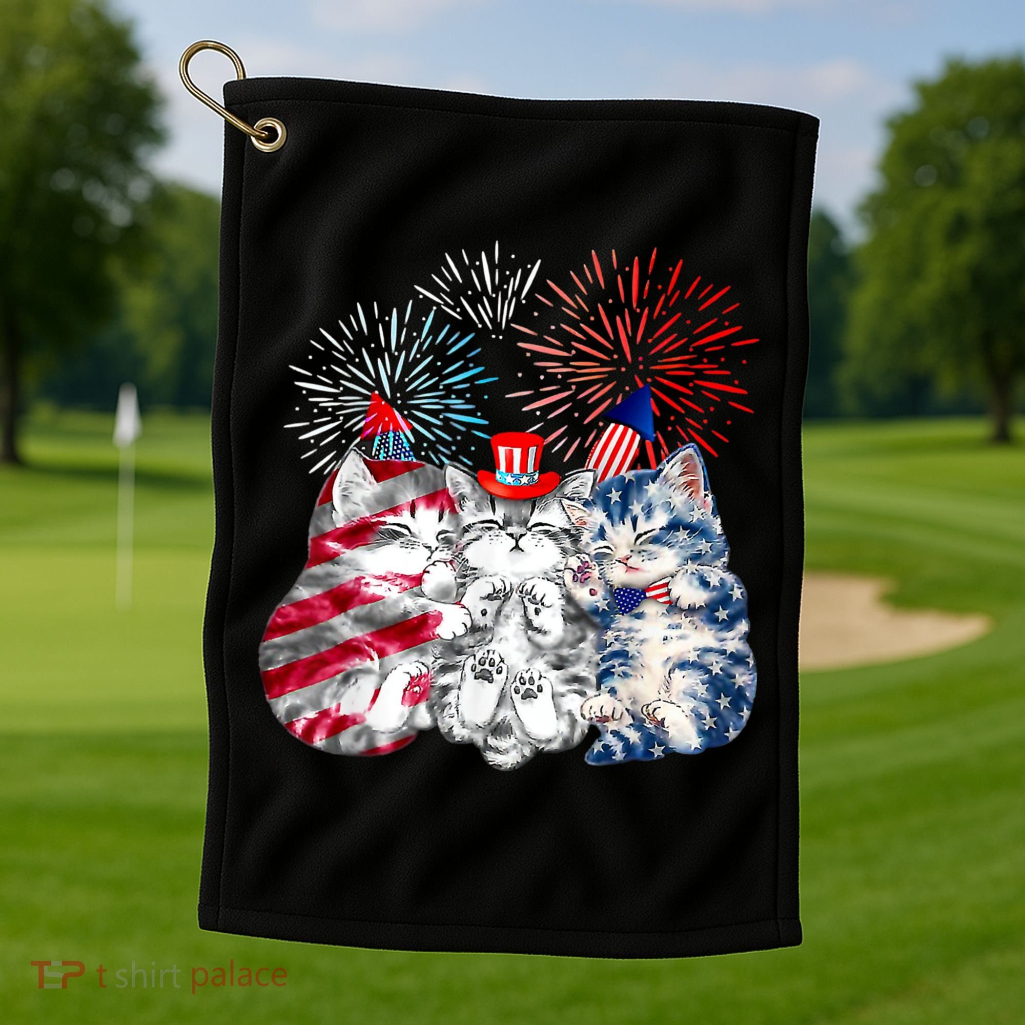 Funny Three Cat 4th Of July American Flag Patriotic Cat Golf Towel