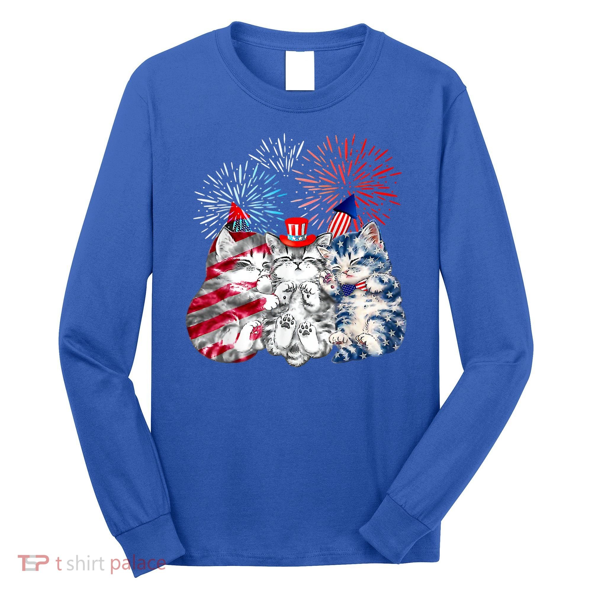 Funny Three Cat 4th Of July American Flag Patriotic Cat Long Sleeve Shirt