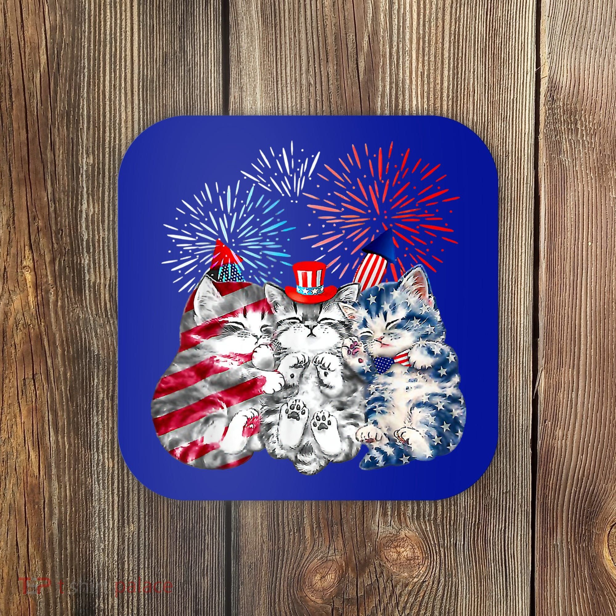 Funny Three Cat 4th Of July American Flag Patriotic Cat Coaster