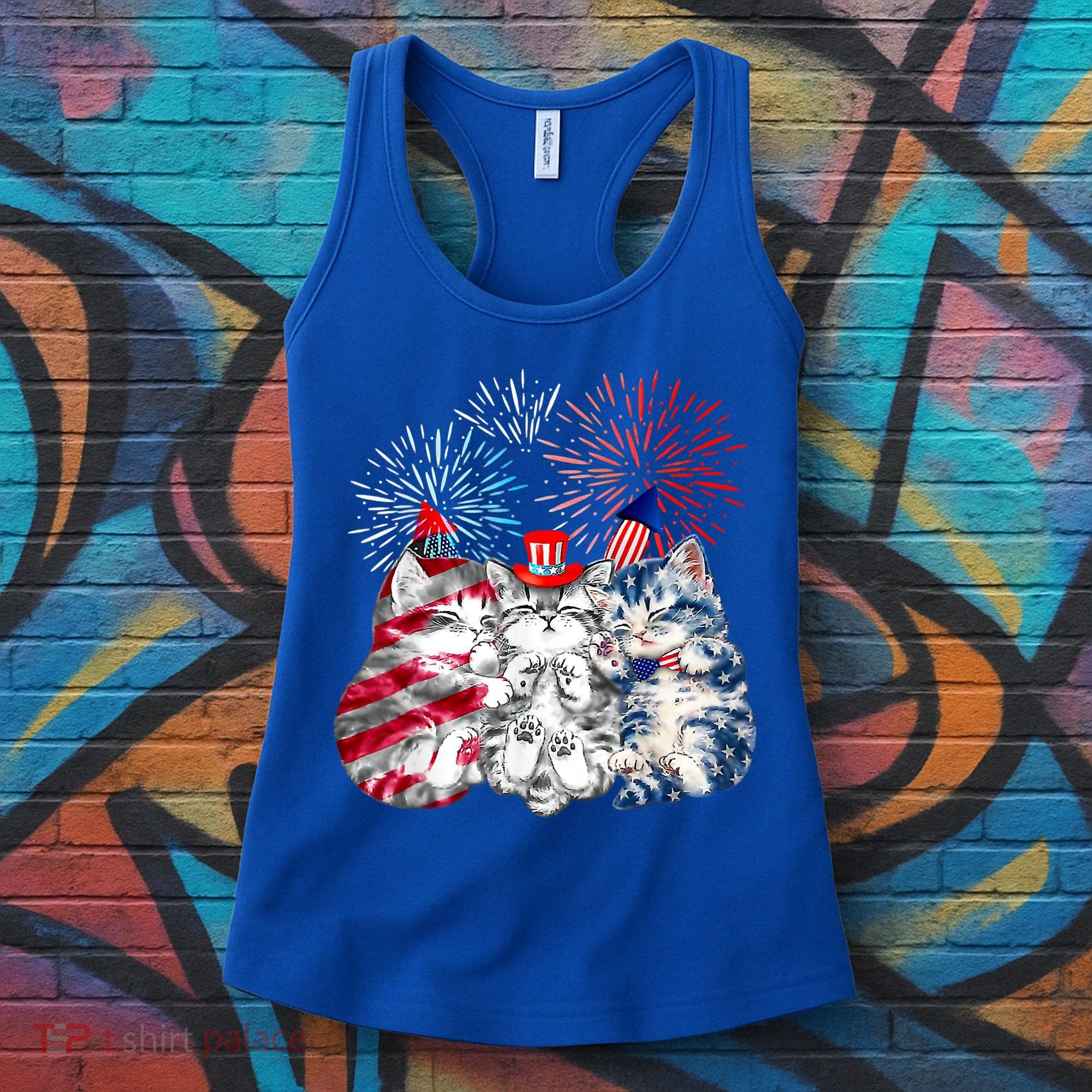 Funny Three Cat 4th Of July American Flag Patriotic Cat Women's Tank Top